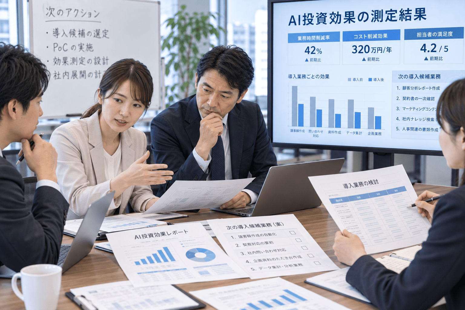 AI投資効果の測定結果を確認し次の導入業務を検討する企業チーム