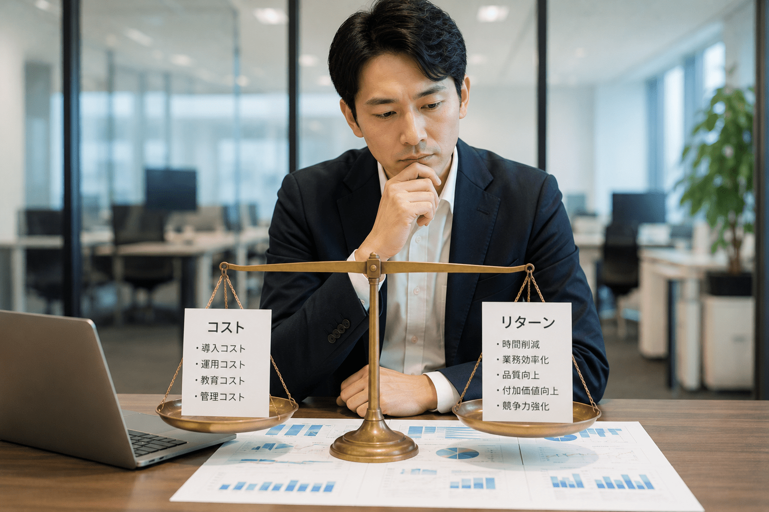 生成AI導入にかかるコストと、得られるリターン（時間削減や品質向上）を天秤にかけて評価するイメージ