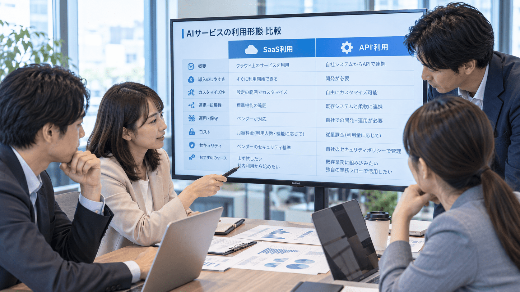 AIサービスのSaaS利用とAPI利用を比較する企業担当者