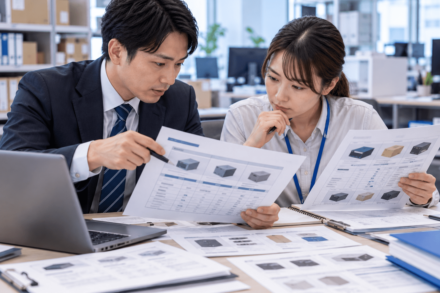 AIで作成した代替商品案内と元の商品資料を照合する営業担当者と受発注担当者
