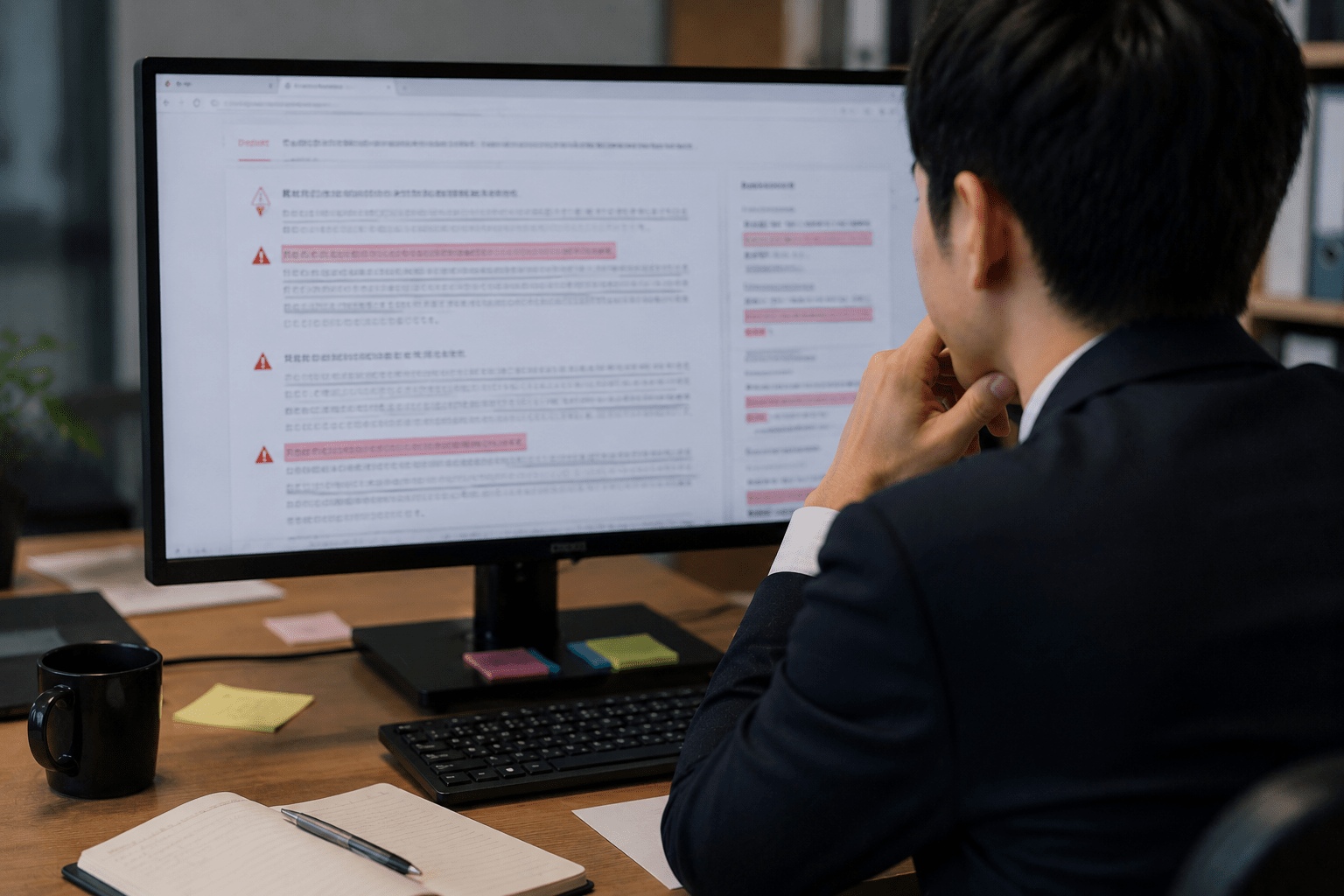 AI生成文章に潜む事実誤認や不適切な表現などのリスクを表すイメージ