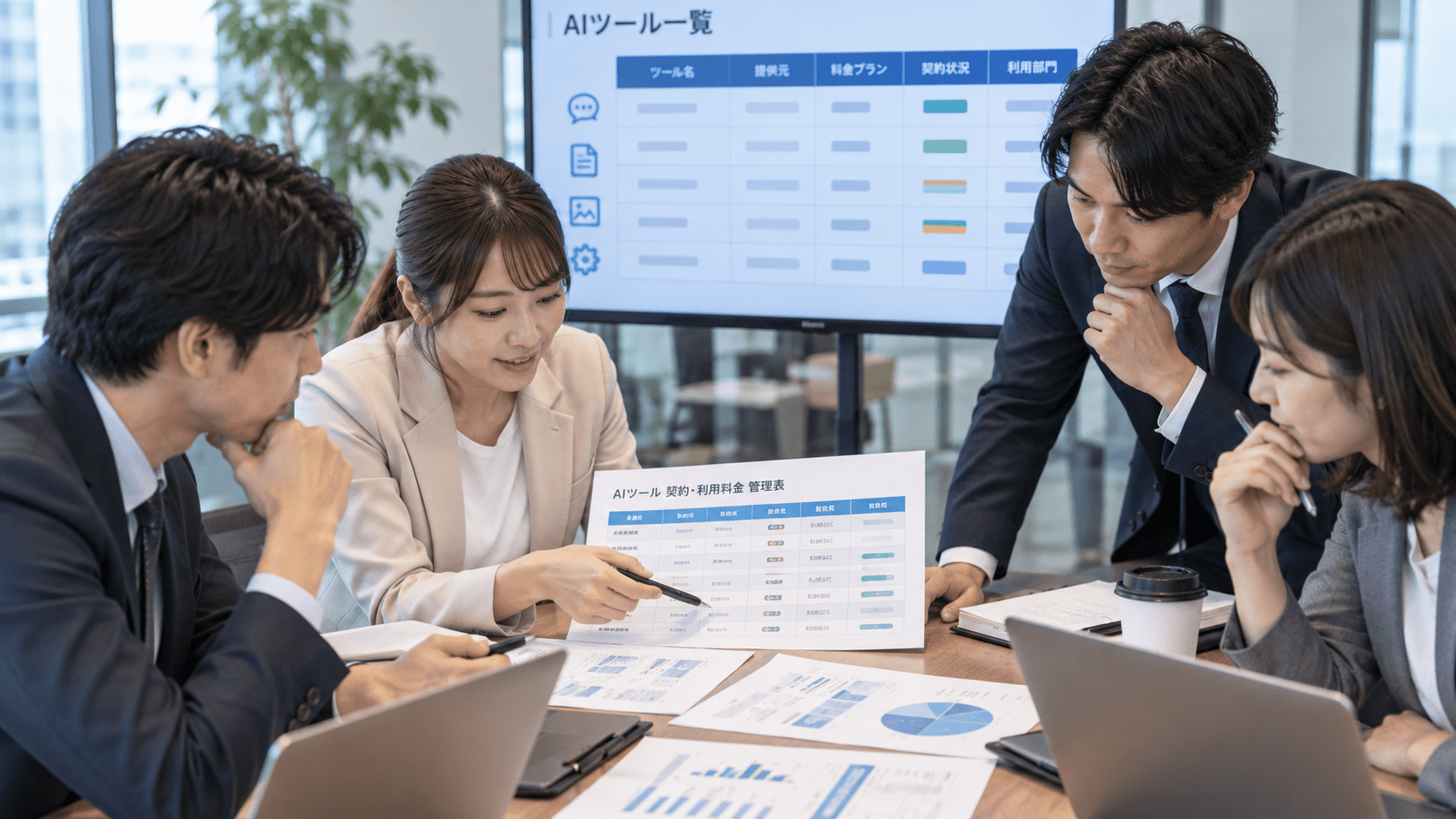 複数の担当者がAIツールの契約と利用料金を管理資料で確認している様子