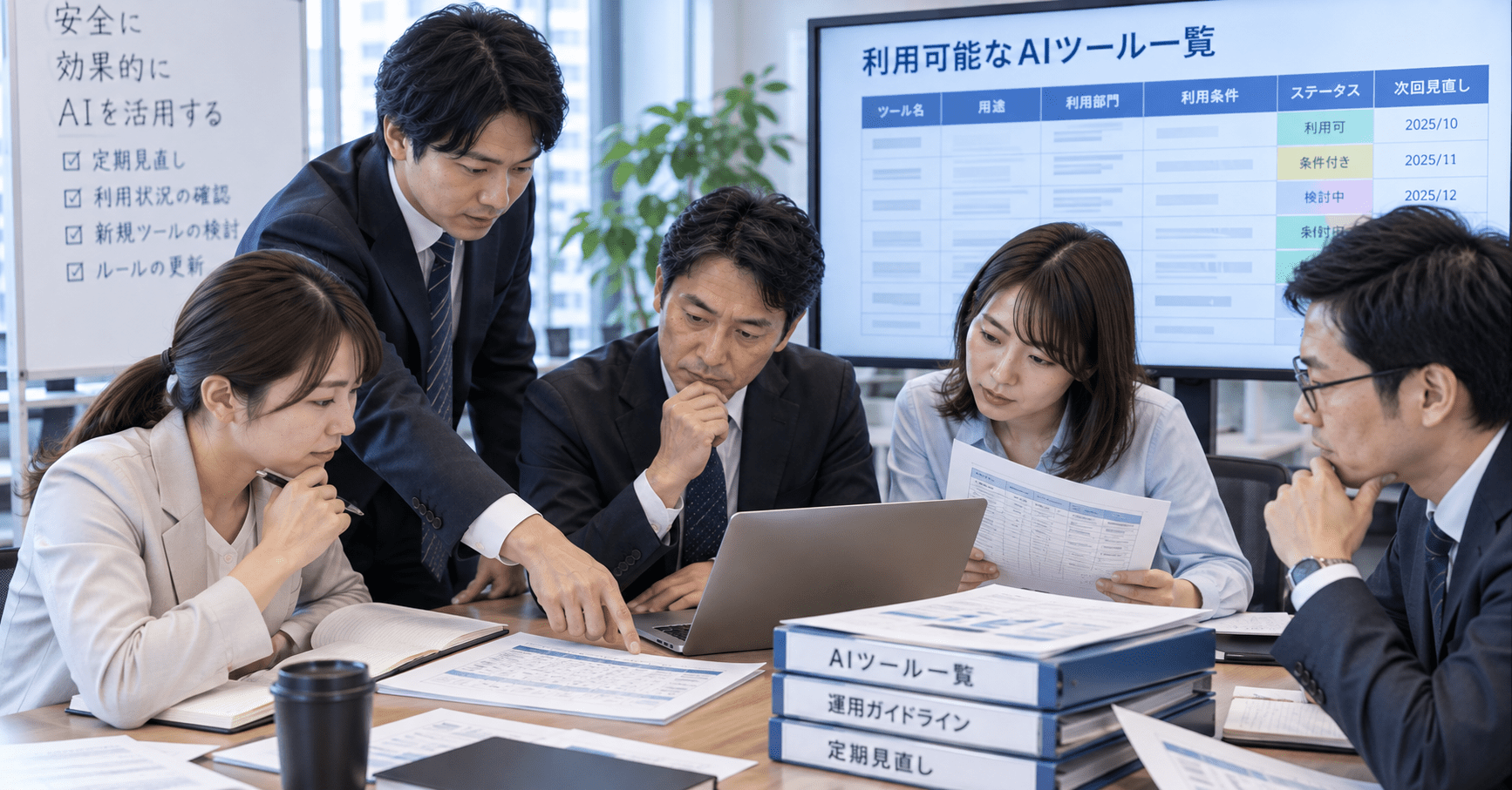 利用可能なAIツール一覧を複数の担当者が定期的に見直している様子