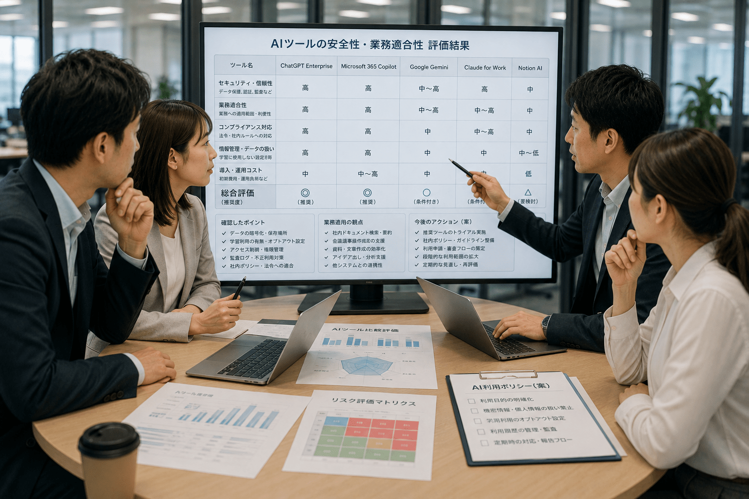 AIツールの安全性や業務適合性をチームで確認する日本企業の担当者