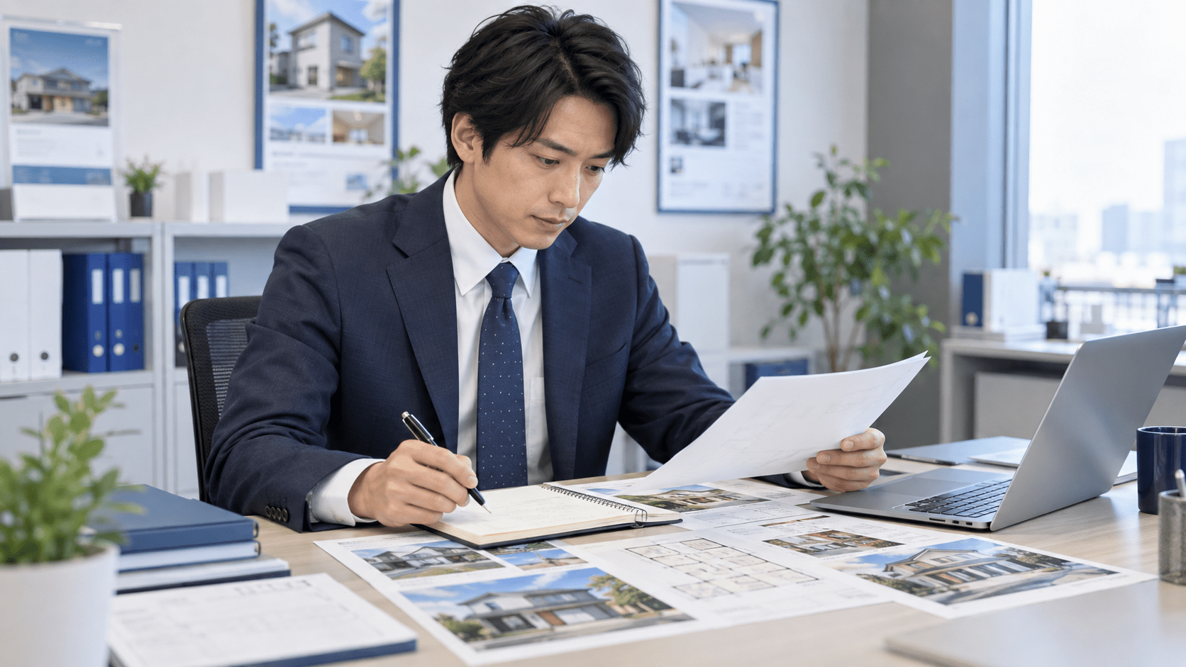 内見後の顧客メモと物件資料を確認し感想を整理する不動産会社の担当者