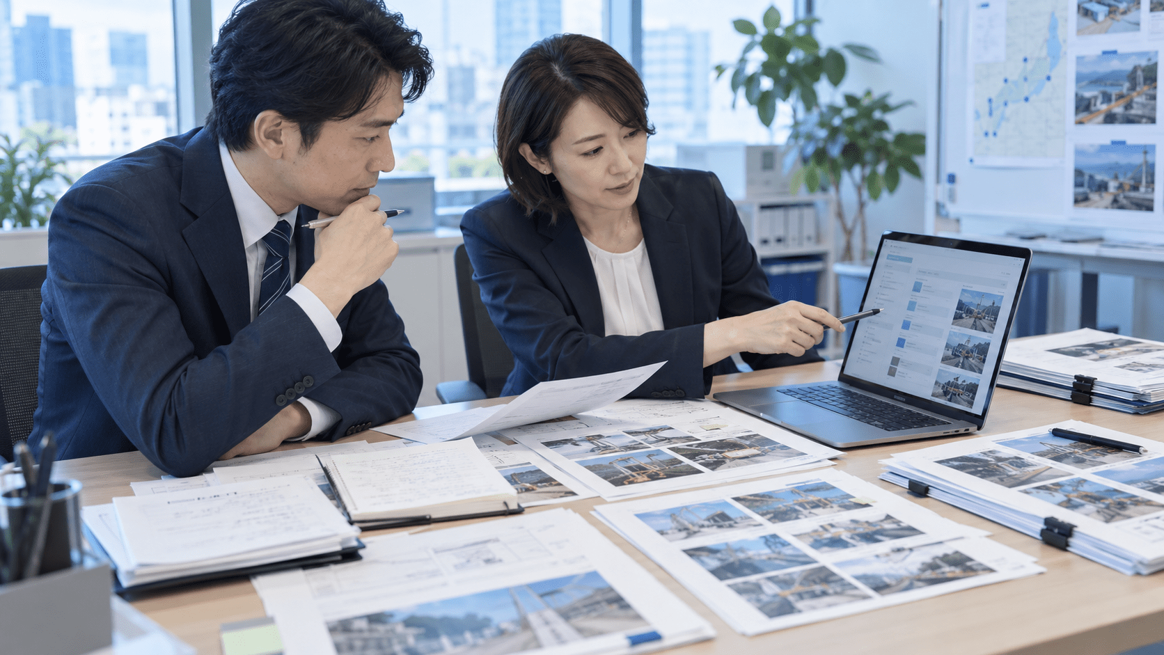 AIで整理した複数現場の週報と元資料を照合して確認する管理担当者