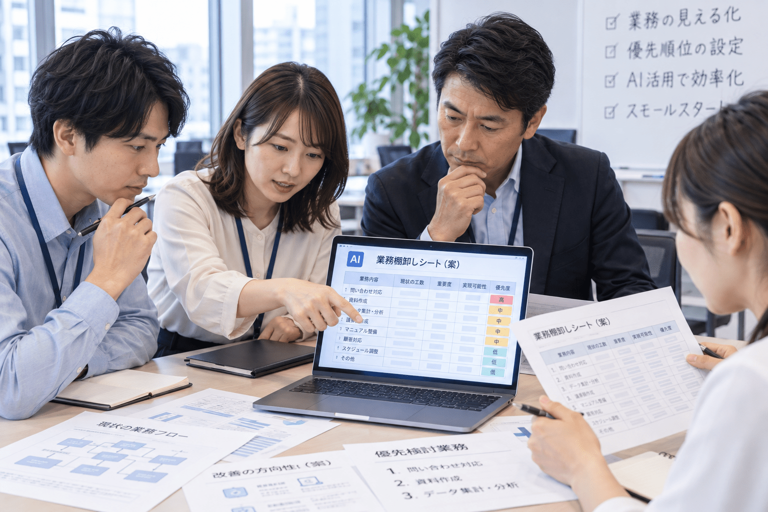 複数の担当者がAI業務棚卸しシートを確認し優先業務を話し合っている様子
