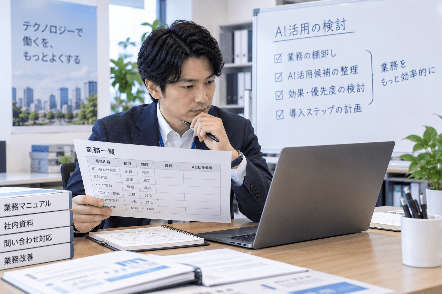担当者が業務一覧とパソコンを確認しながらAI活用候補を整理している様子