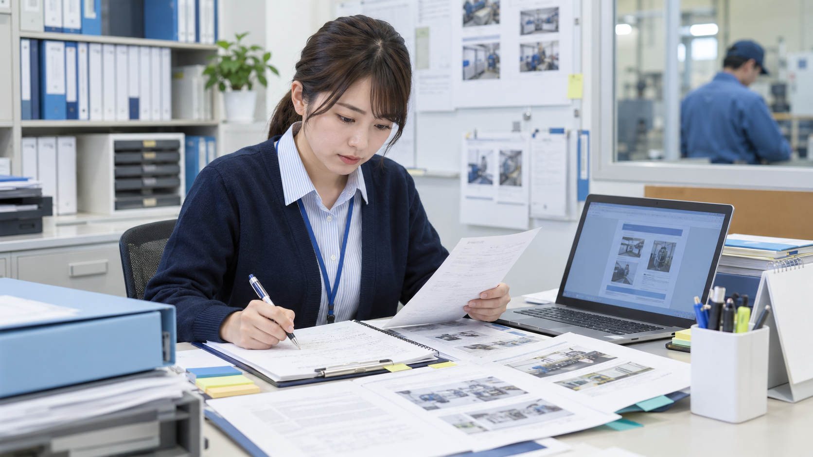 作業者のメモと作業資料を確認しながら手順書に必要な情報を整理する担当者