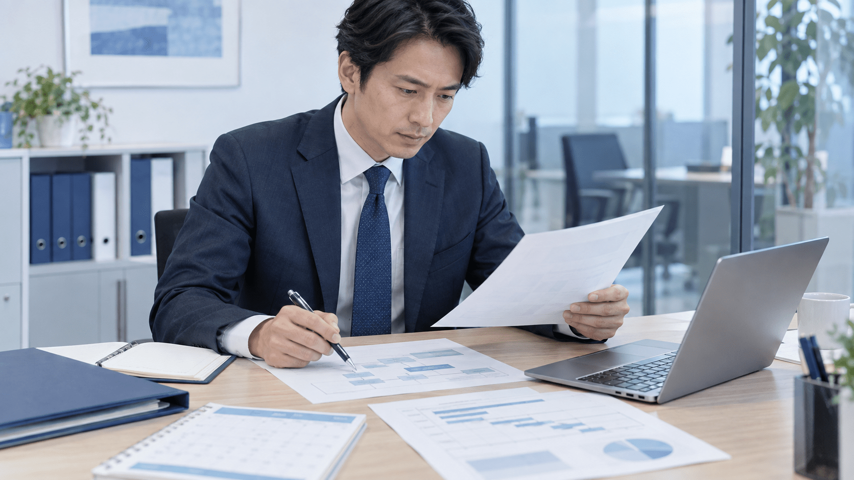 協力会社への作業依頼に必要な作業範囲や期限を資料で整理する担当者