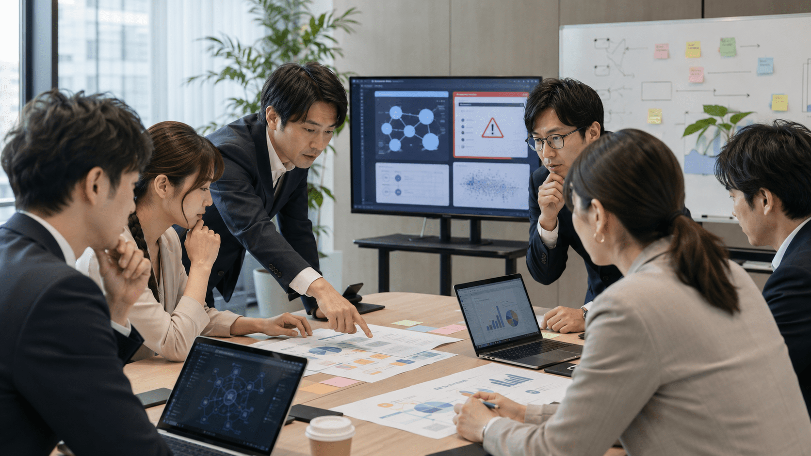 AIの誤回答発生後に原因と改善策を確認する日本企業のチーム