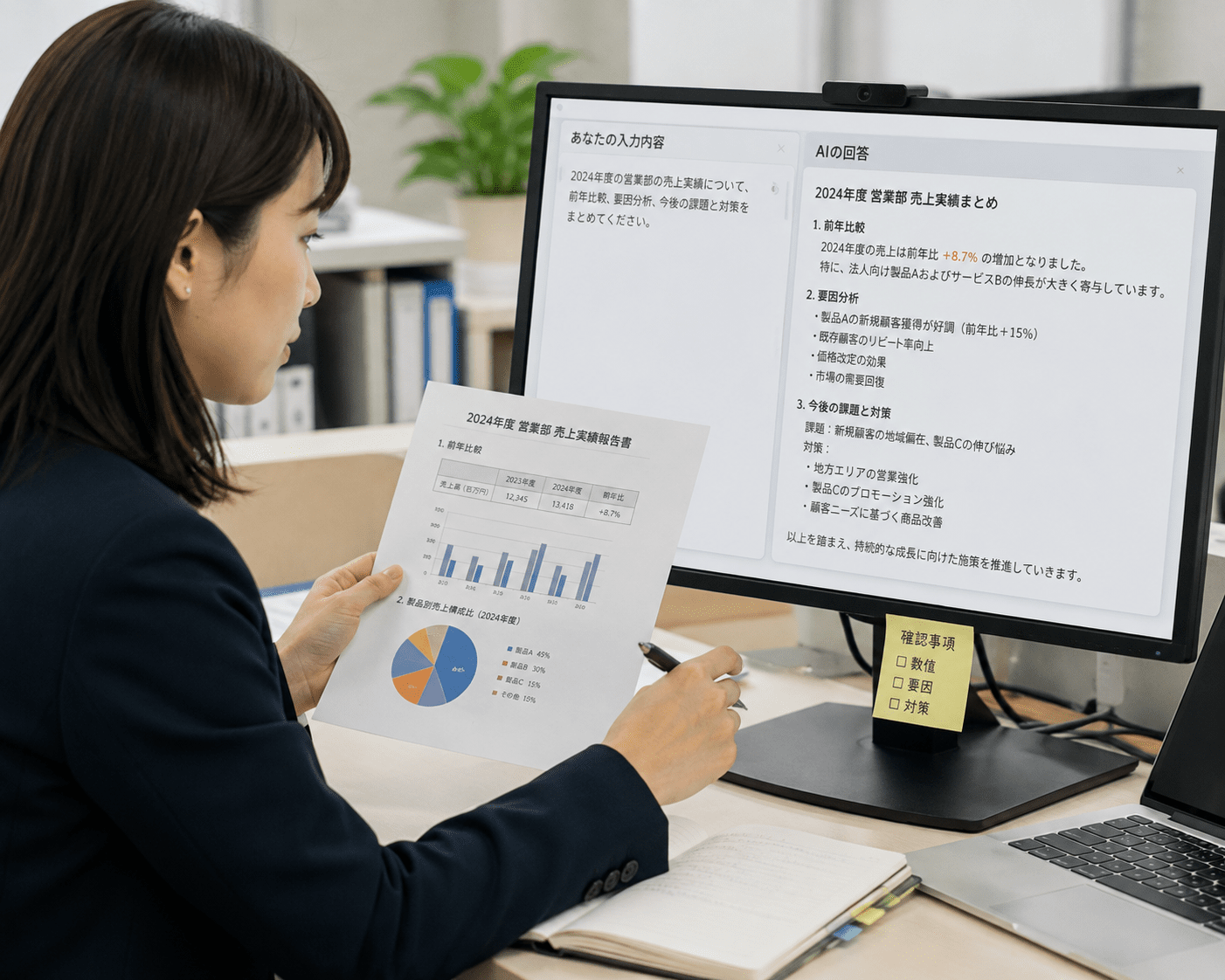 AIの回答内容を資料と照合して確認する日本企業の担当者
