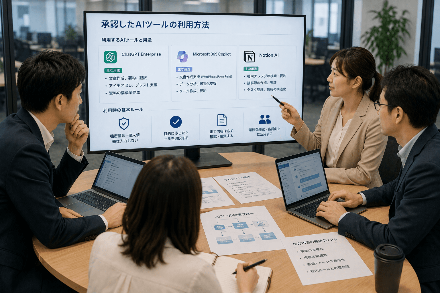 承認したAIツールの利用方法を社内チームで確認する日本企業の担当者