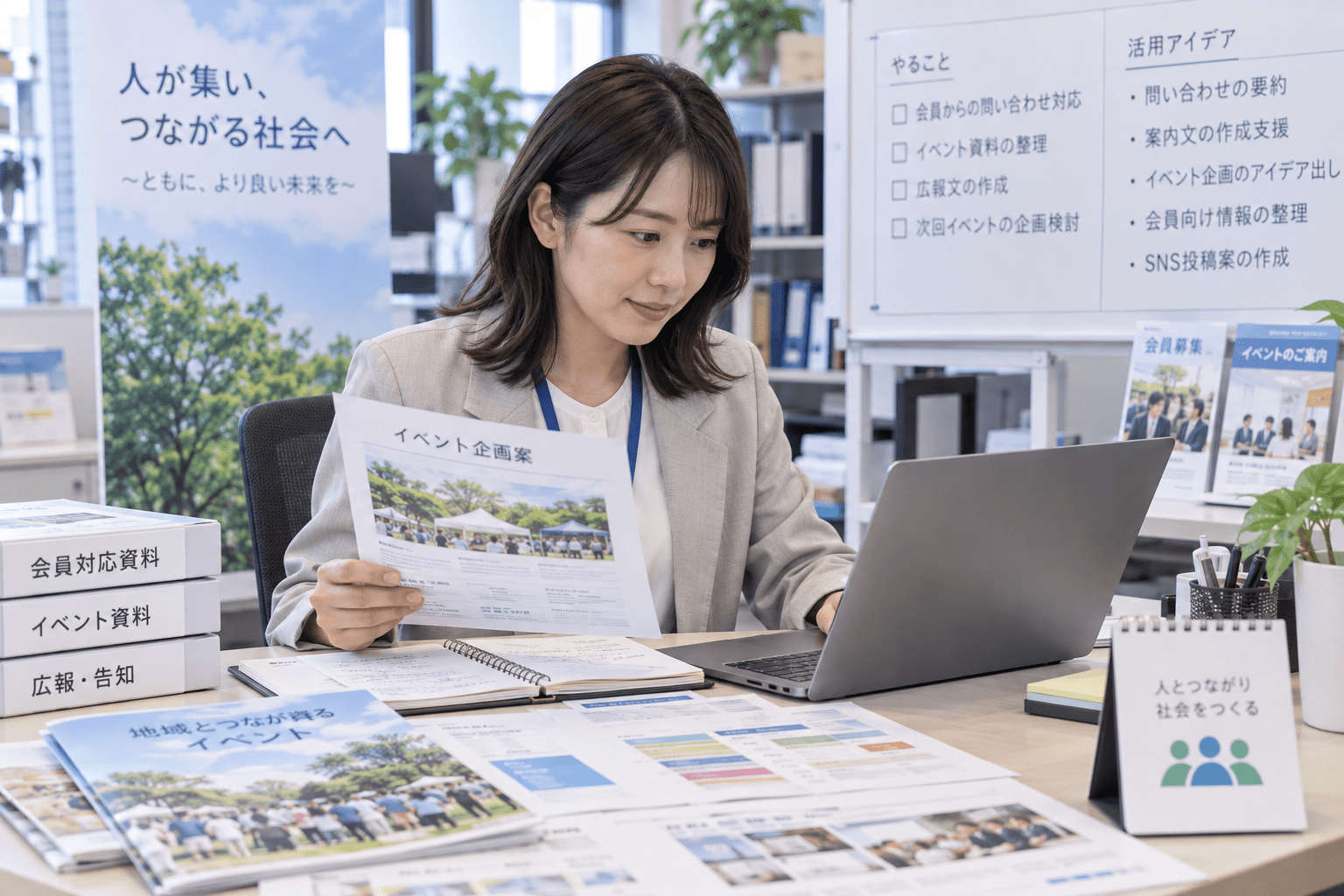 協会・NPO法人の担当者が会員対応やイベント資料を確認しながら生成AIの活用業務を整理している様子