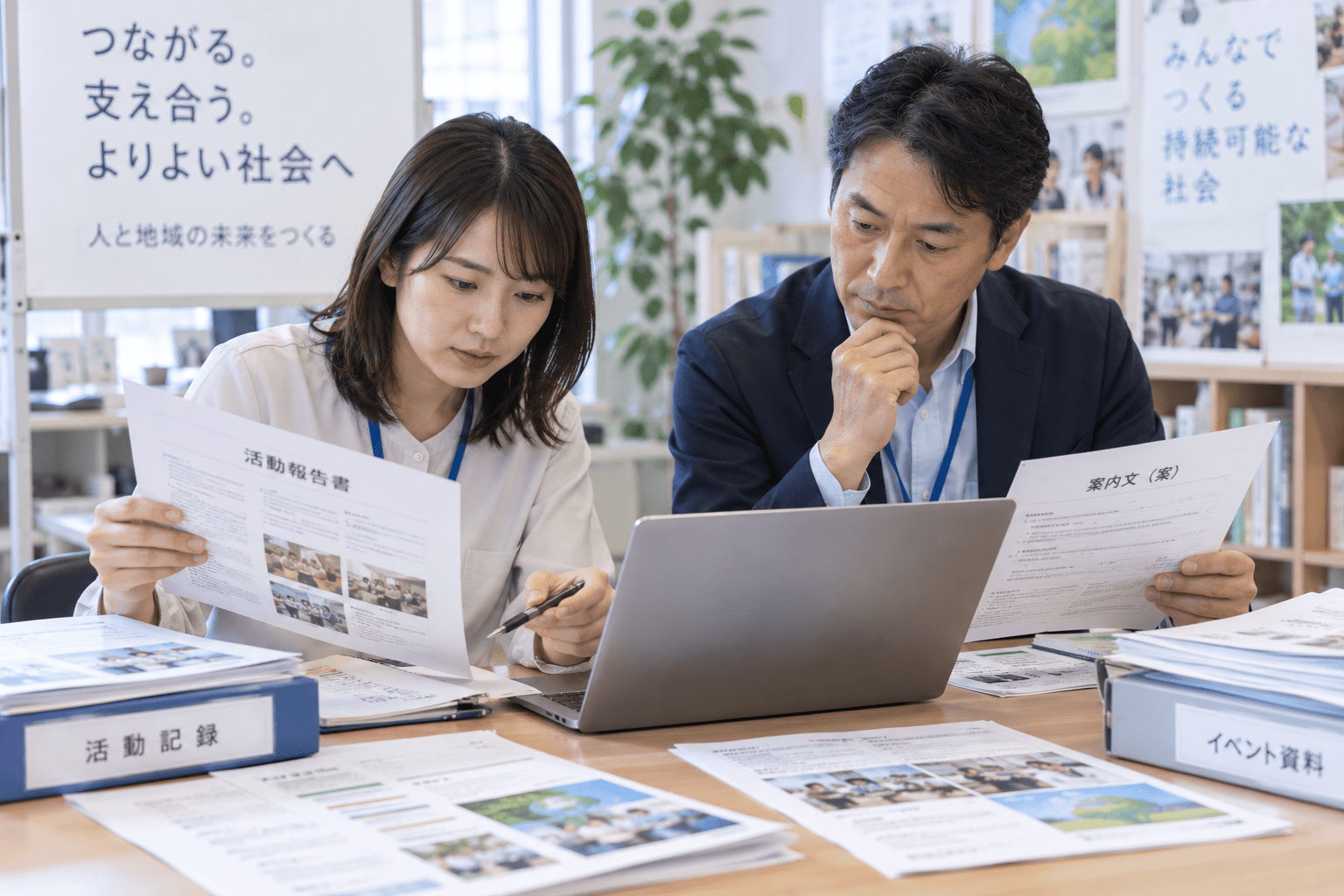 協会・NPO法人の担当者が生成AIで整理した案内文や活動報告を元資料と照合して確認している様子