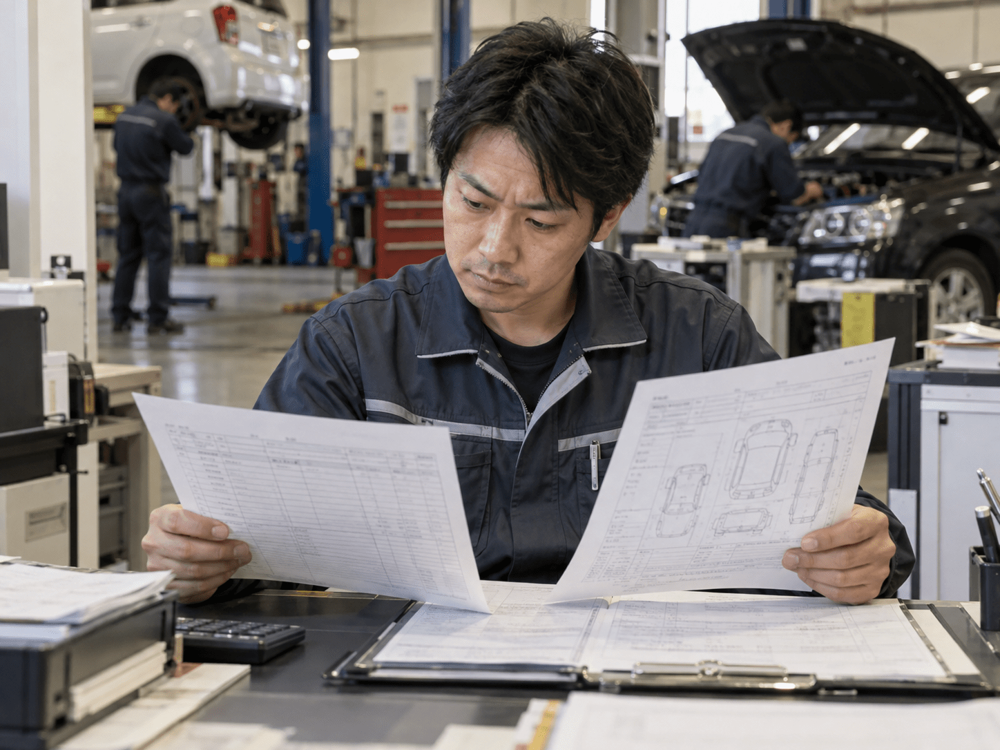 自動車整備工場の担当者が車両台帳と点検記録を照合している様子