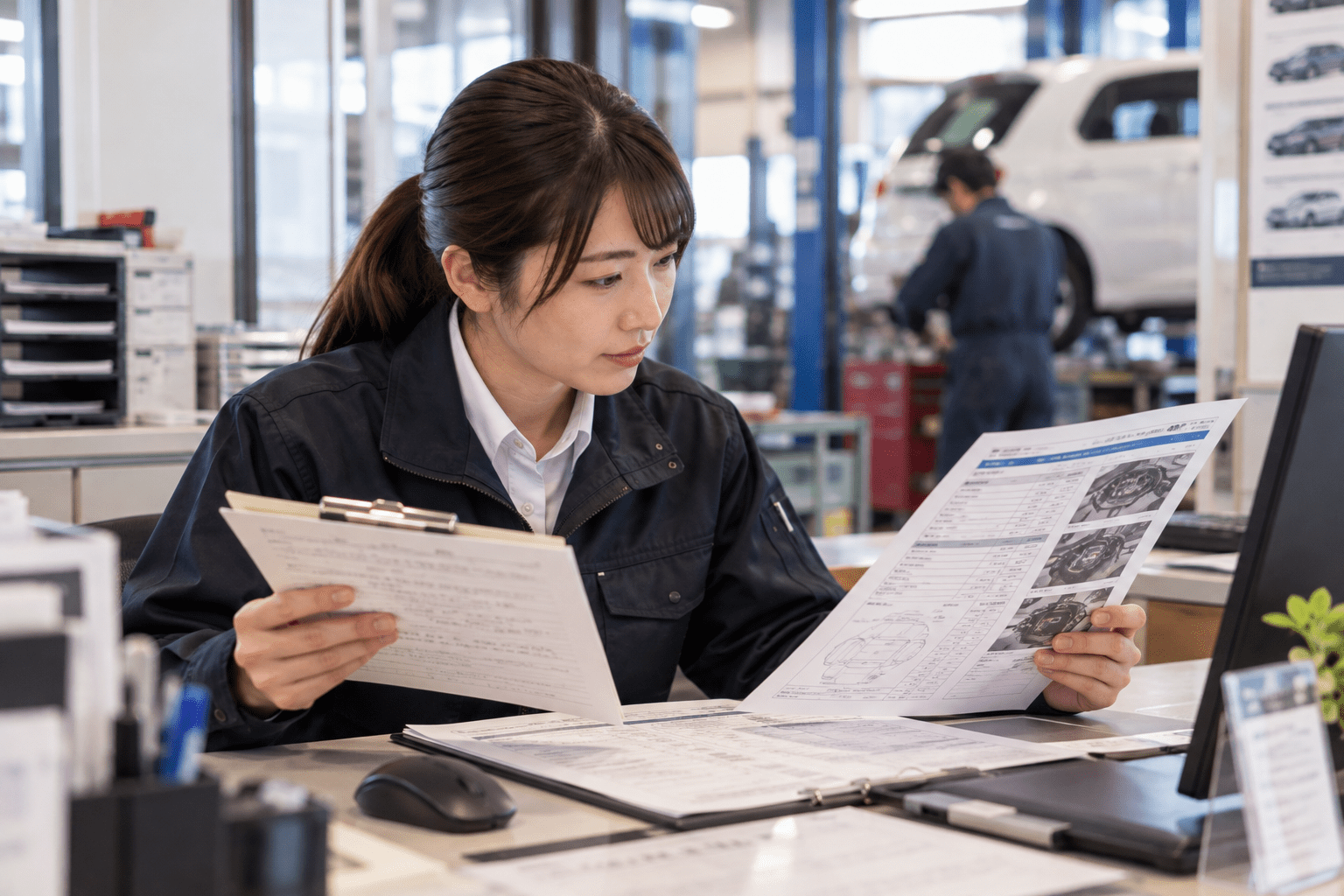 自動車整備工場の受付担当者がお客様の問い合わせメモと整備記録を見比べている様子