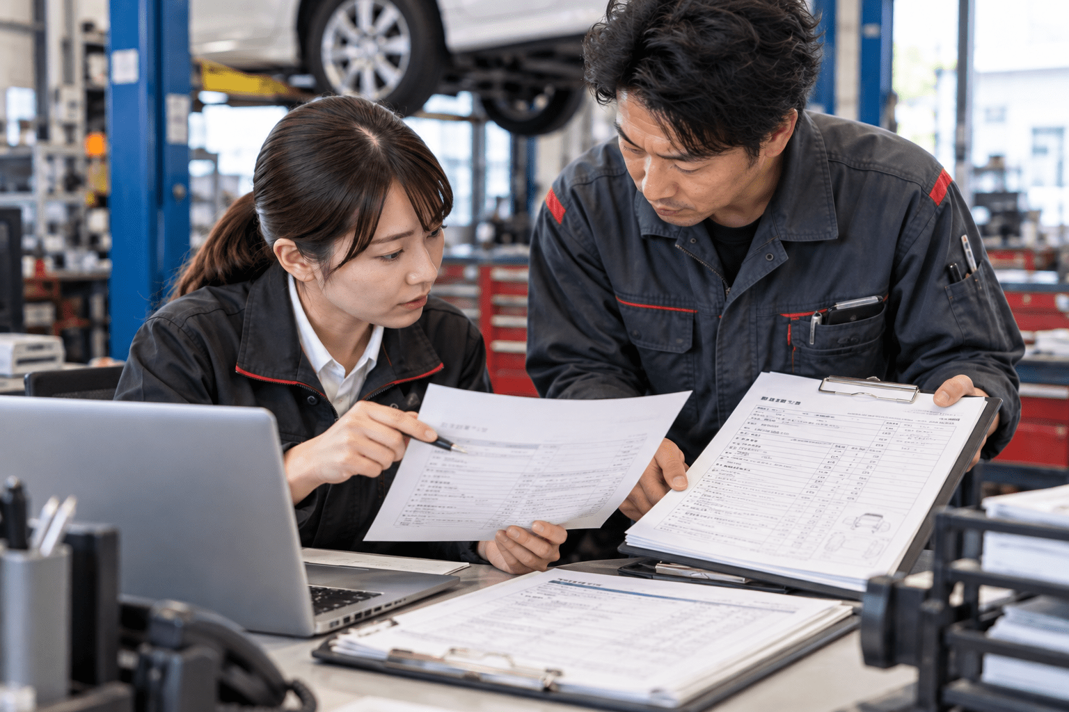 自動車整備工場の受付担当者と整備士がAIで整理した問い合わせ内容を元の作業記録と照合している様子
