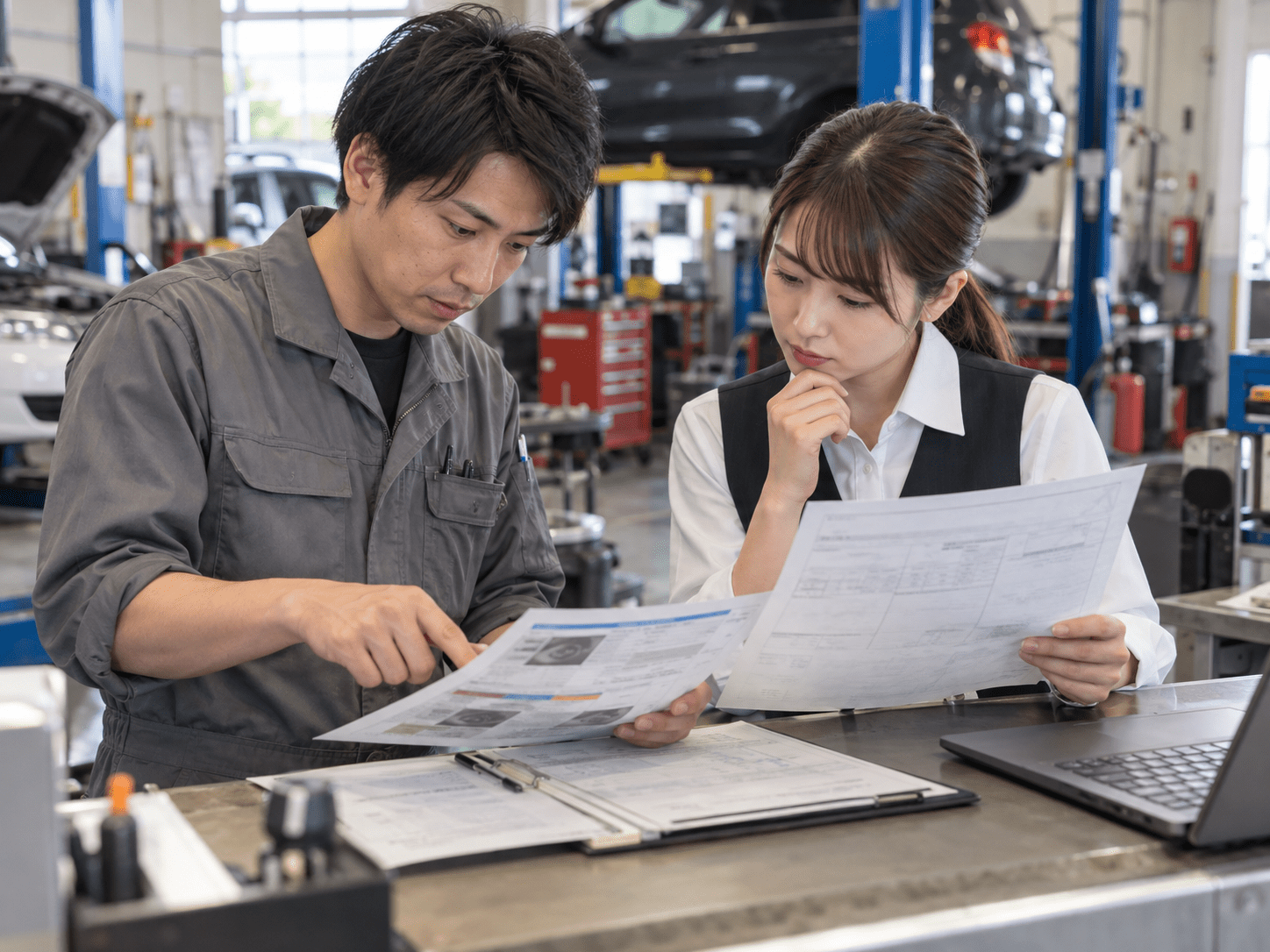 自動車整備工場の整備士と受付担当者がAIで整えた作業説明文と元の整備記録を照合する様子