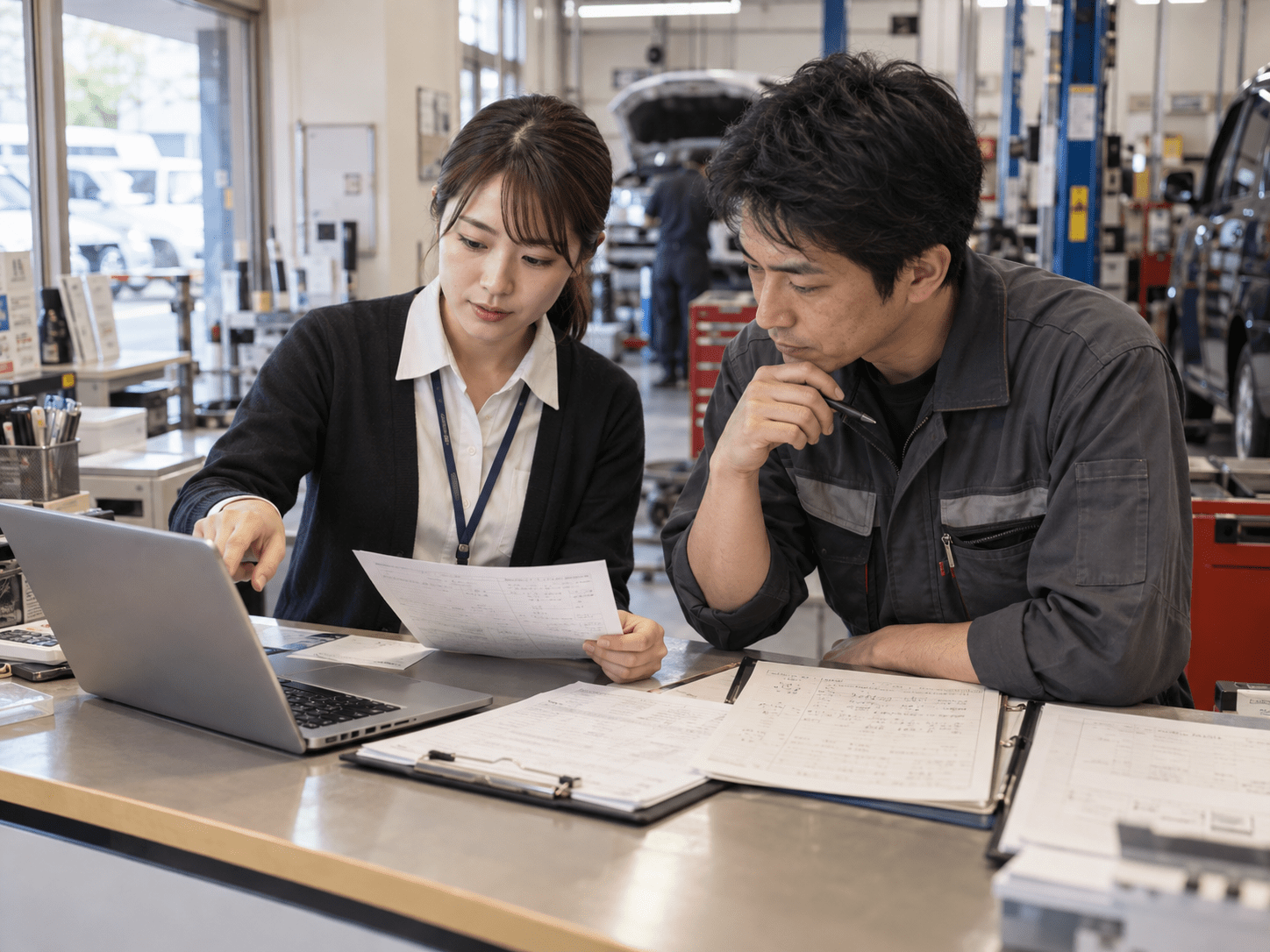 自動車整備工場のフロント担当者と整備士がAIで整理した受付メモを元の聞き取り記録と照合する様子