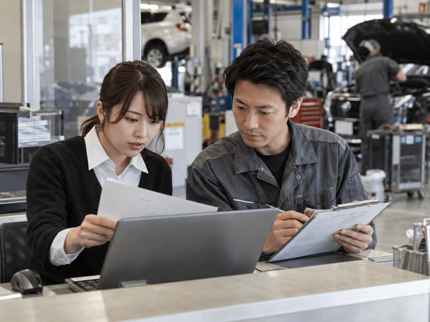 自動車整備工場のスタッフ2人がAIで作成した予約確認メールと予約記録を照合する様子