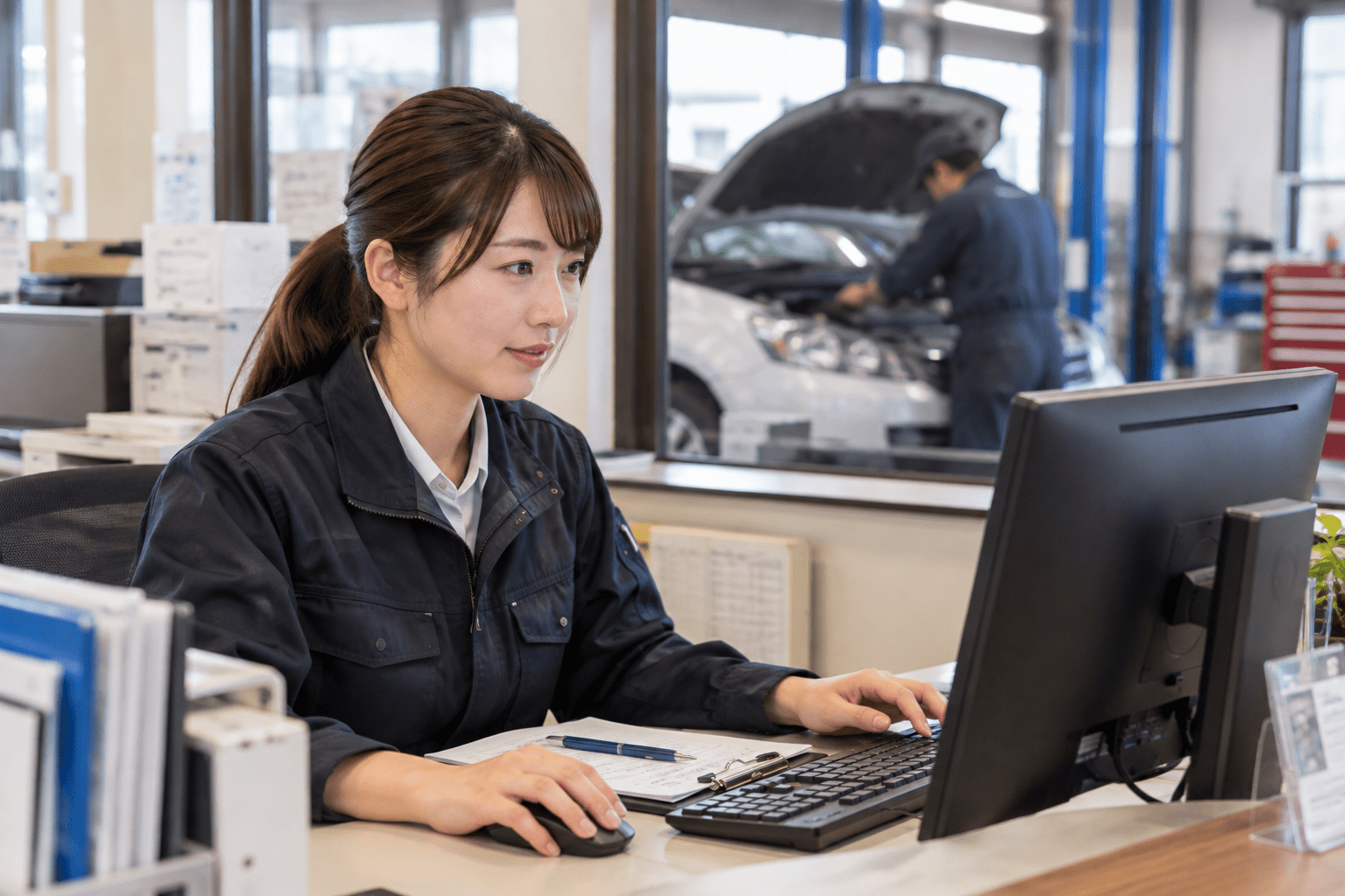 自動車整備工場の受付担当者が予約台帳と整備受付資料を見比べている様子