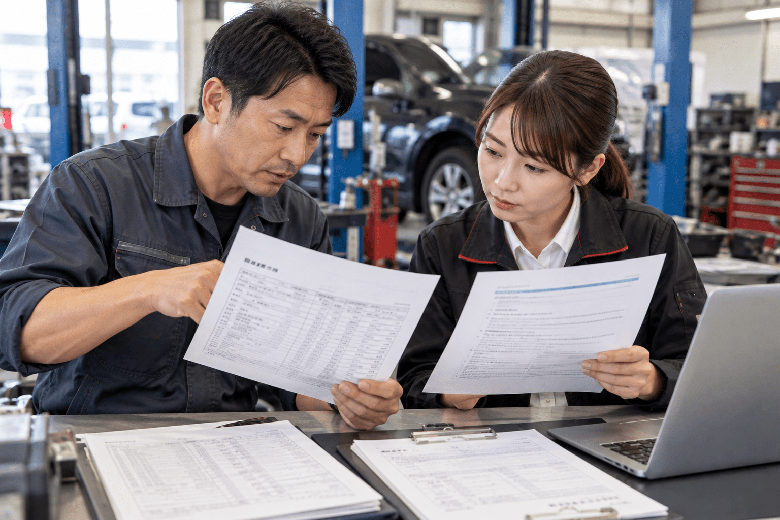 自動車整備工場の整備士と受付担当者がAIで整えた見積説明文と元の見積書を照合する様子