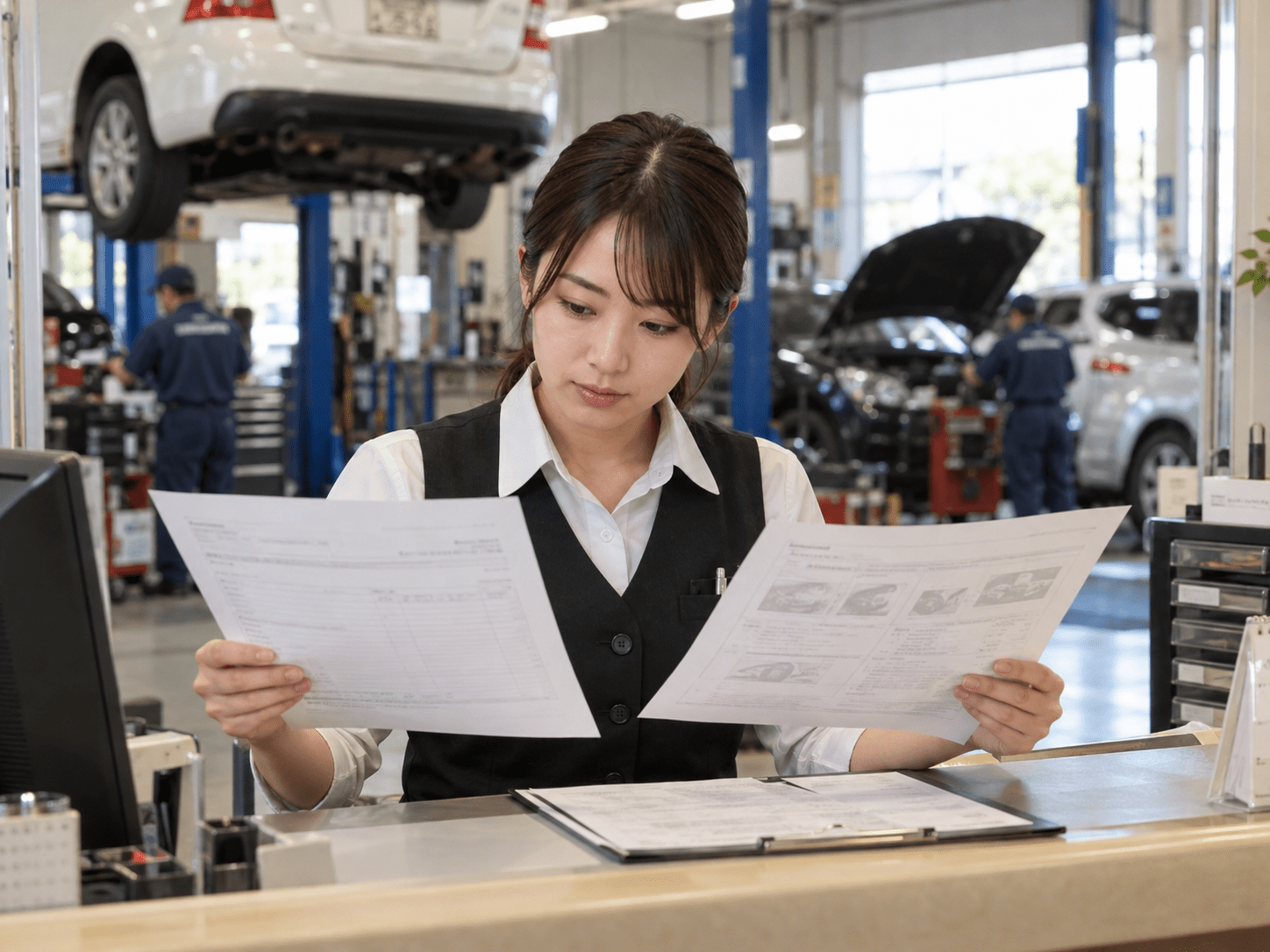 自動車整備工場の受付担当者が見積書と整備作業の説明資料を見比べている様子