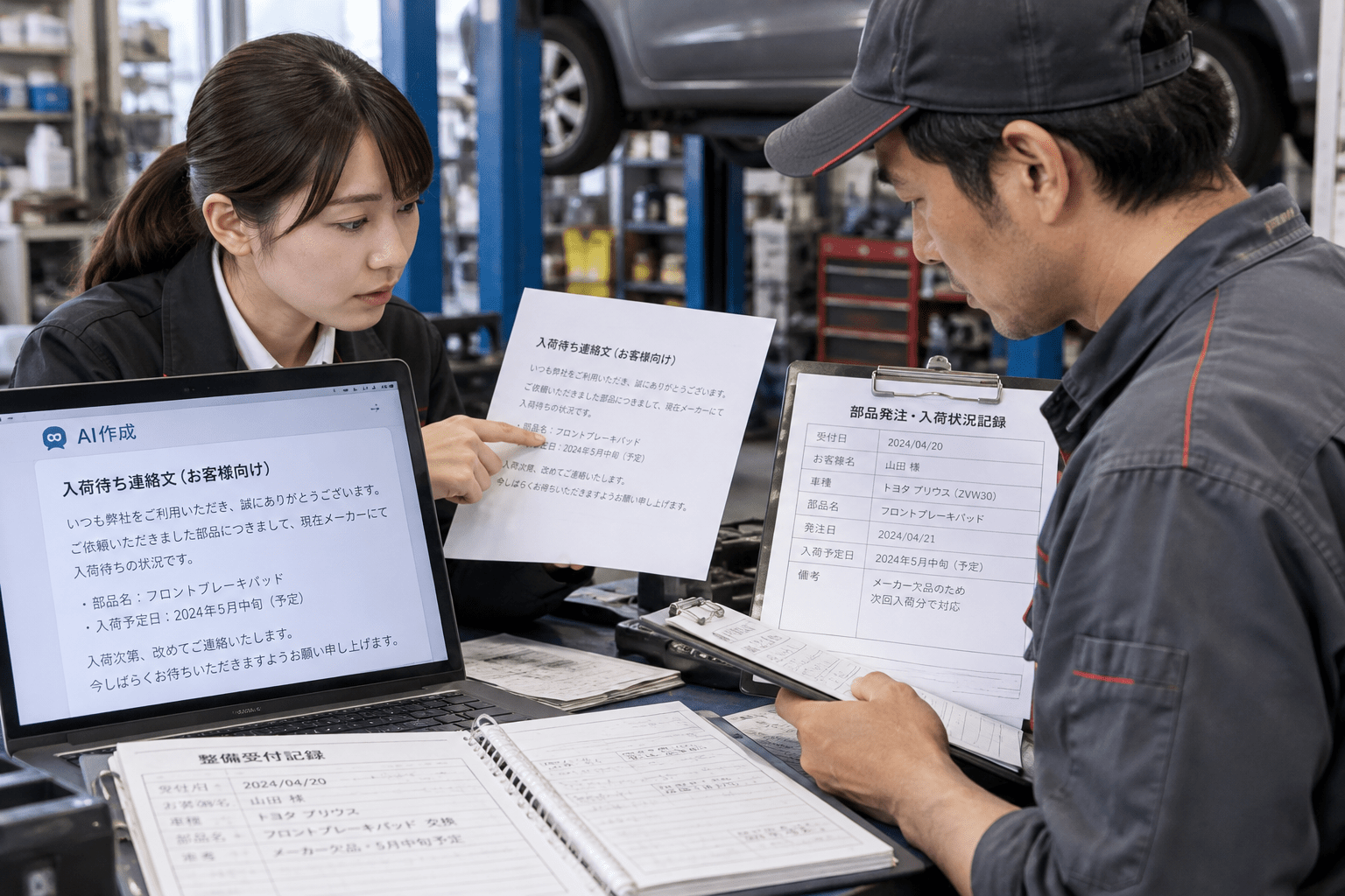 整備工場の受付担当者と整備士がAIで作成した入荷待ち連絡文を元資料と照合する様子