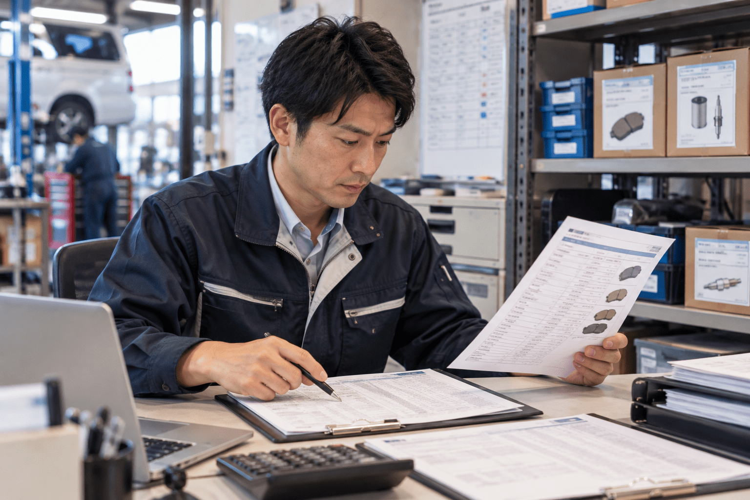 自動車整備工場の担当者が部品の発注記録と入荷状況の資料を照合する様子