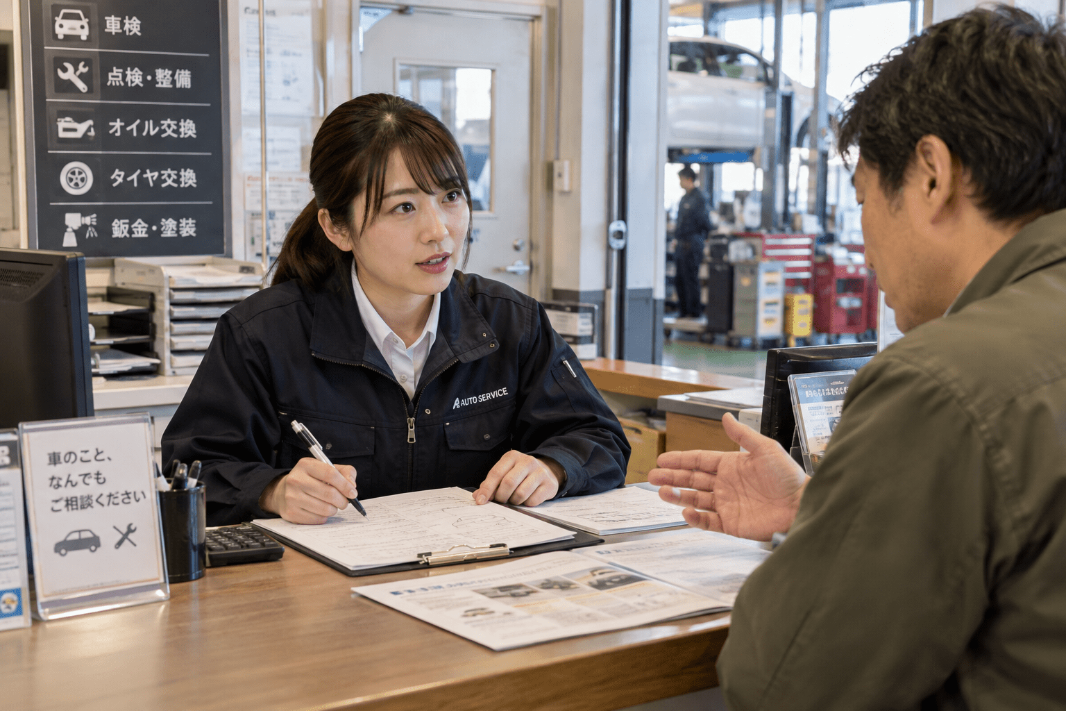 自動車整備工場のフロント担当者が顧客の話を聞き取り、紙の会話メモを整理している様子