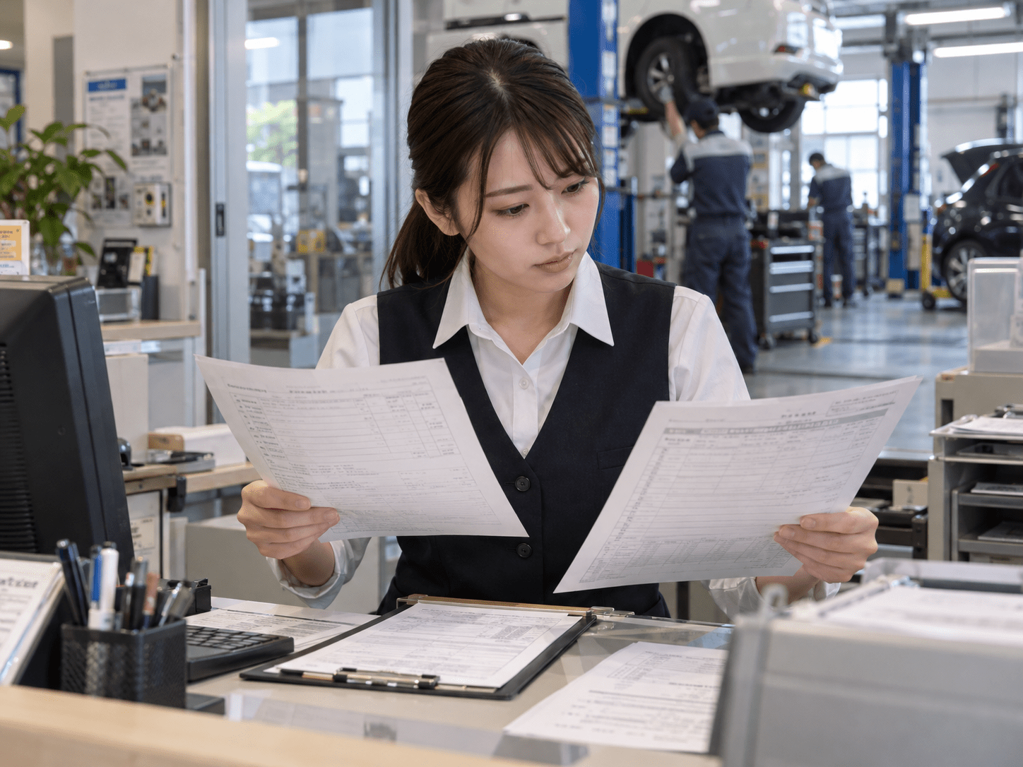 自動車整備工場の受付担当者が整備士の作業記録と納車時の説明資料を見比べている様子