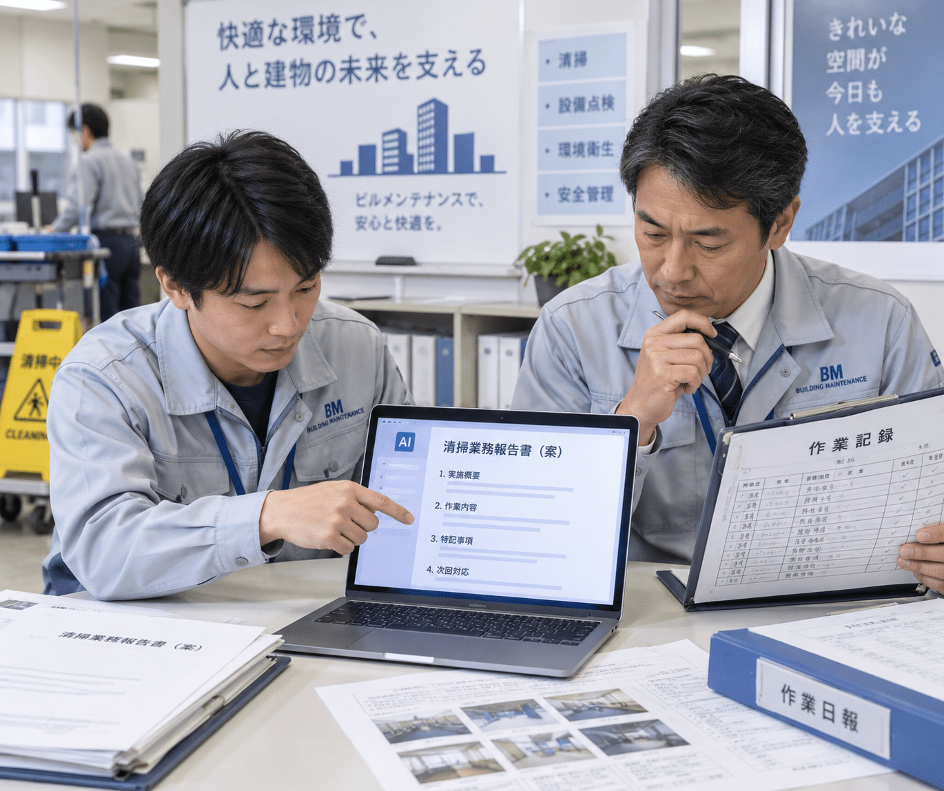 ビルメンテナンス会社の担当者と責任者が生成AIで整理した報告書を元の作業記録と照合して確認する様子