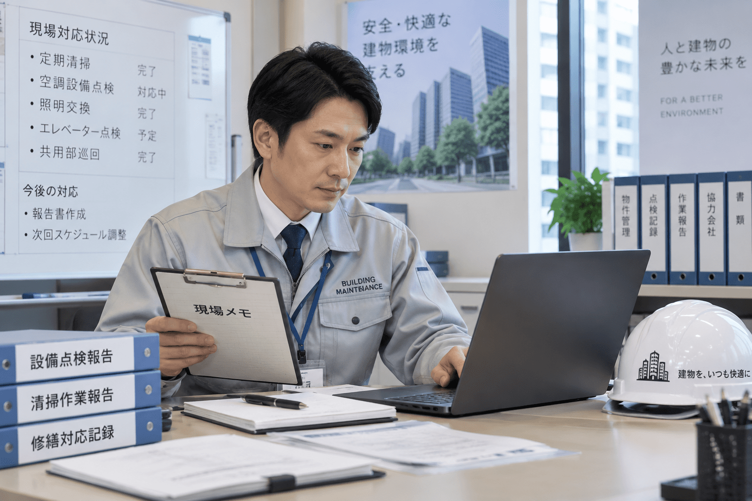ビルメンテナンス会社の管理担当者が現場メモとパソコンを確認しながら報告内容を整理する様子