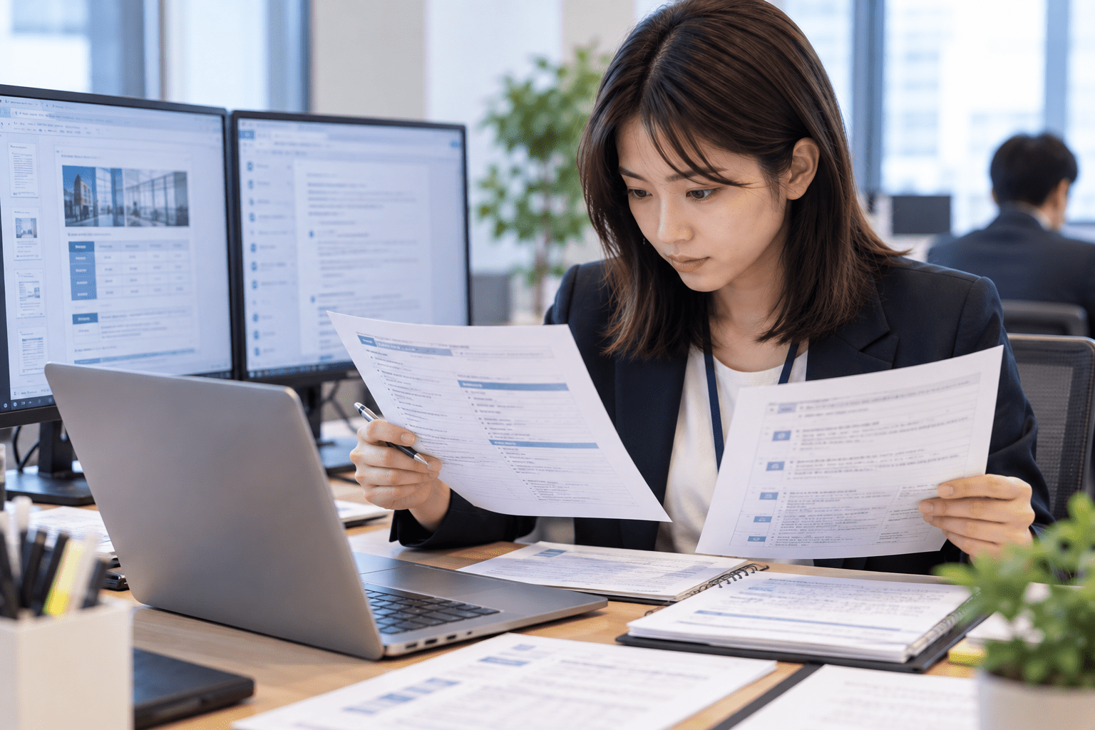 AIで作成した条件質問への回答案と求人資料を照合する人材会社担当者