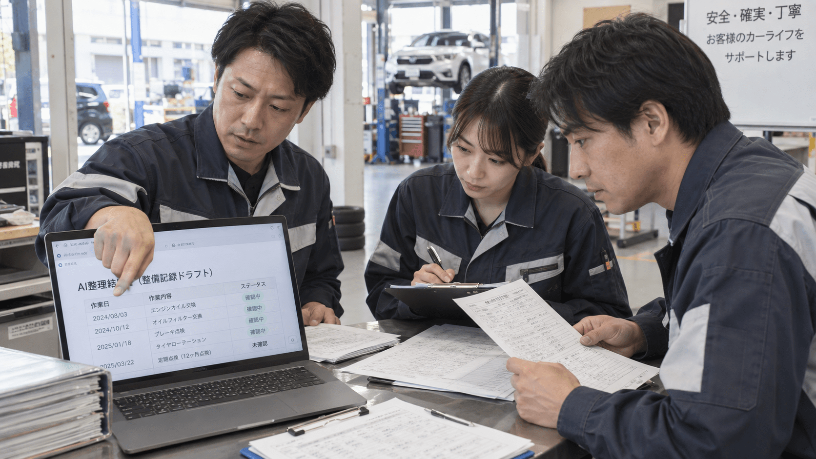 生成AIで整理した整備記録案を自動車整備工場のスタッフが原資料と照合して確認している様子