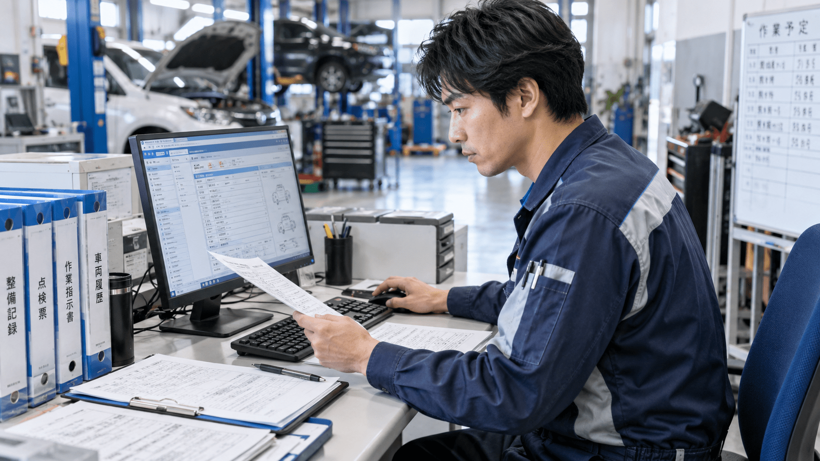 自動車整備工場の担当者が作業メモとパソコンを確認しながら整備記録を整理している様子