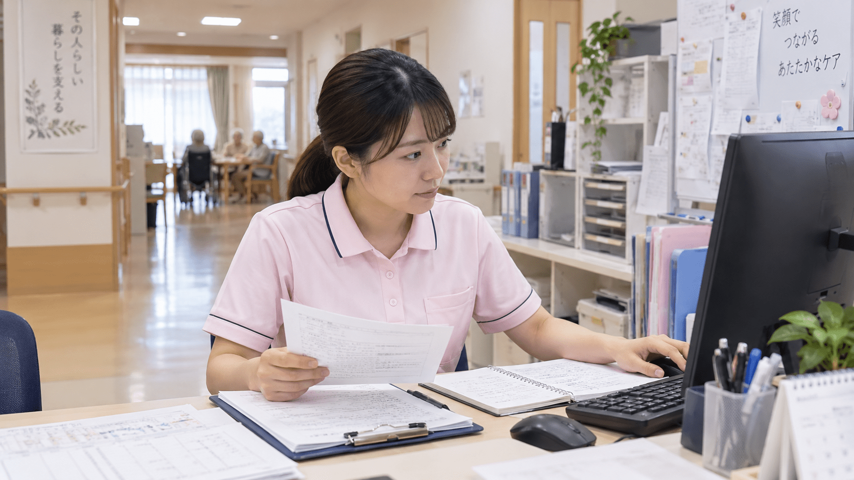 生成AIで整理した介護記録案をスタッフ同士で原記録と照合して確認している様子