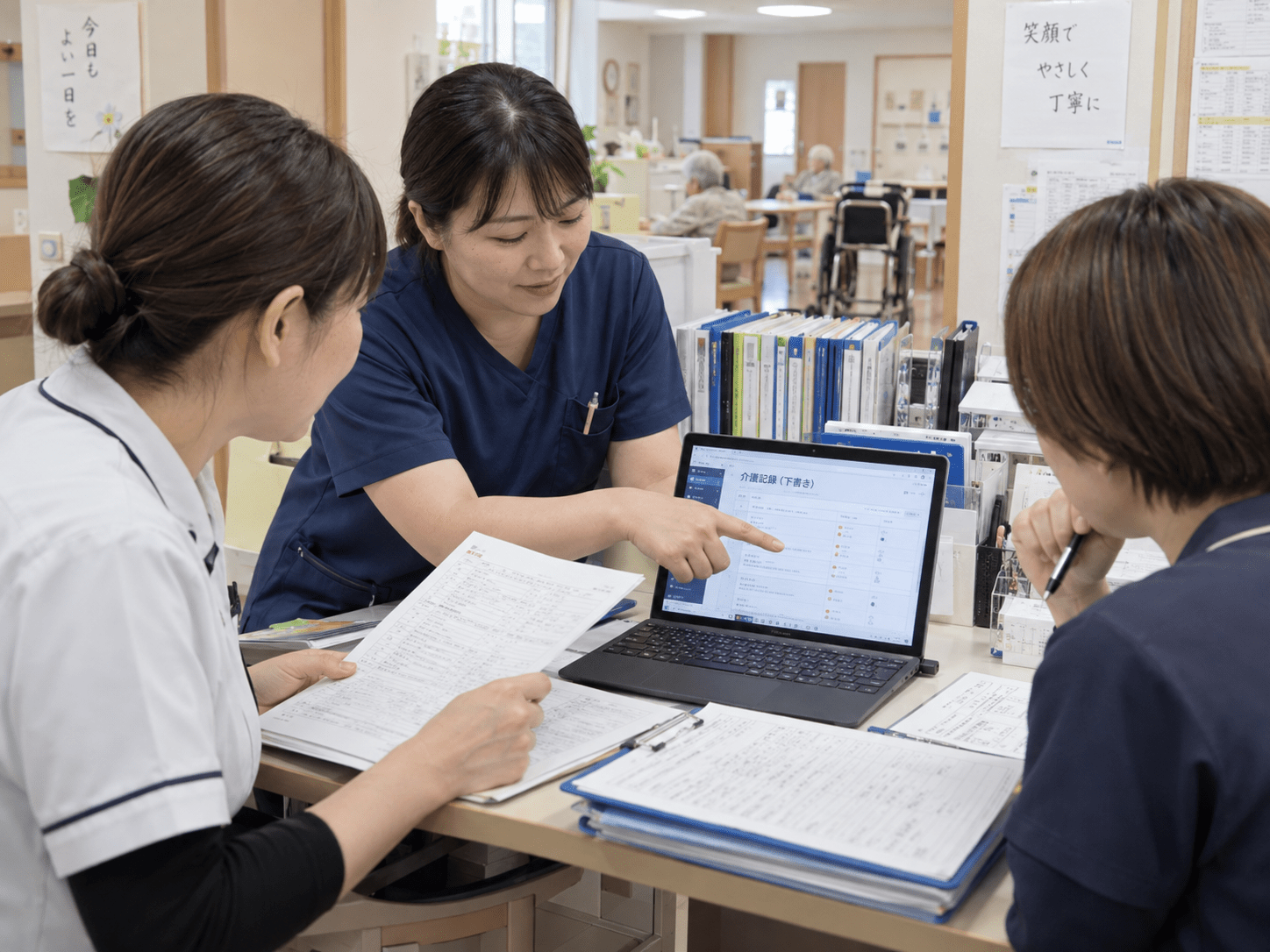 介護スタッフが現場メモとパソコンを確認しながら介護記録の文章を整理している様子