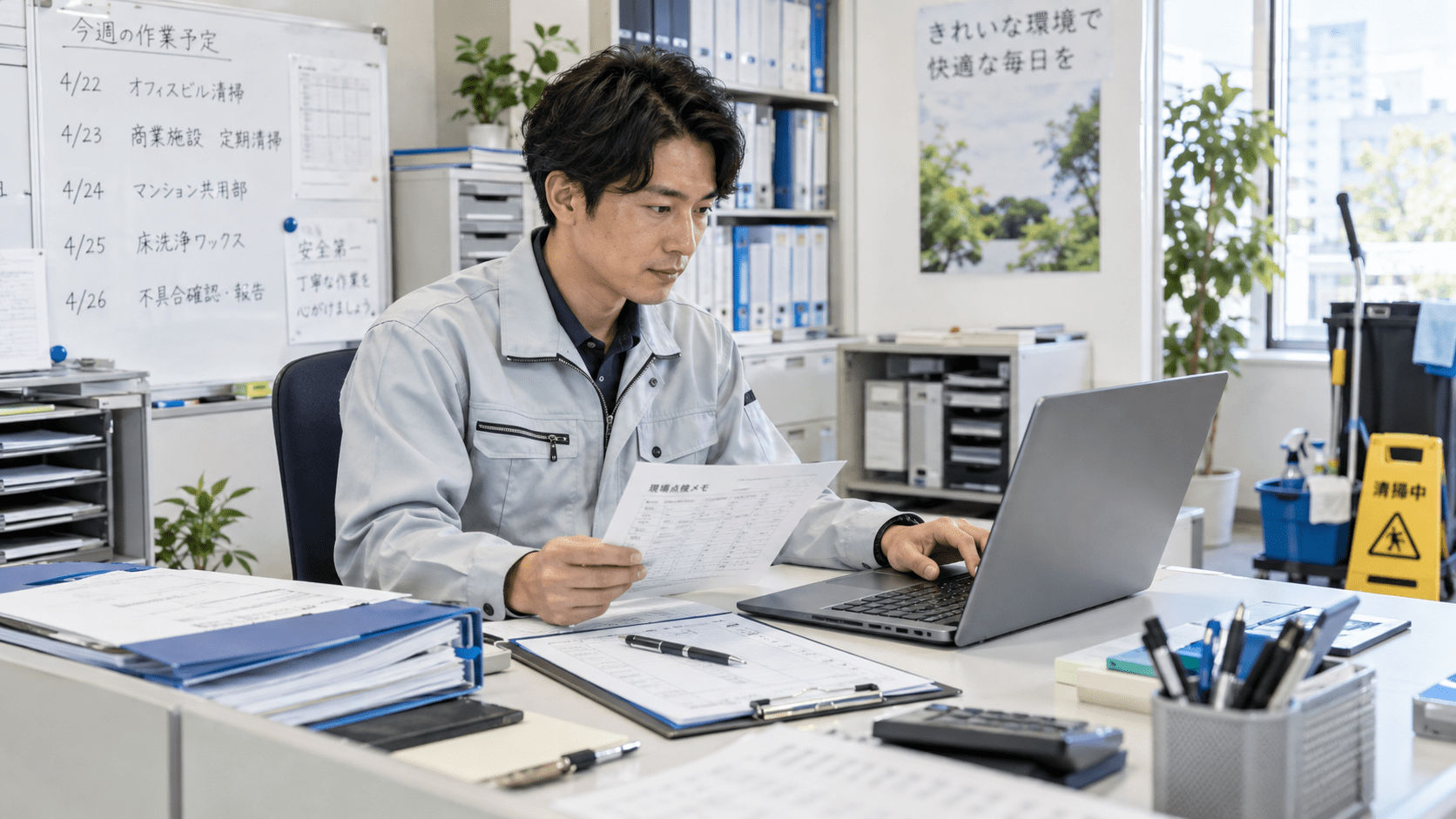 清掃会社の担当者が現場メモとパソコンを確認しながら作業報告を整理している様子