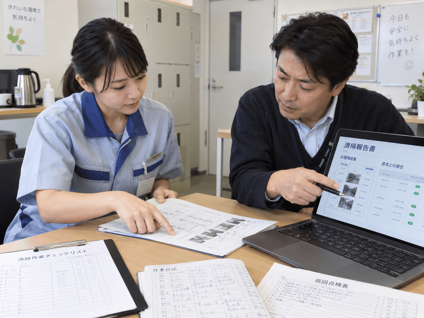 生成AIで整理した清掃報告書を担当者と責任者が元資料と照合して確認している様子