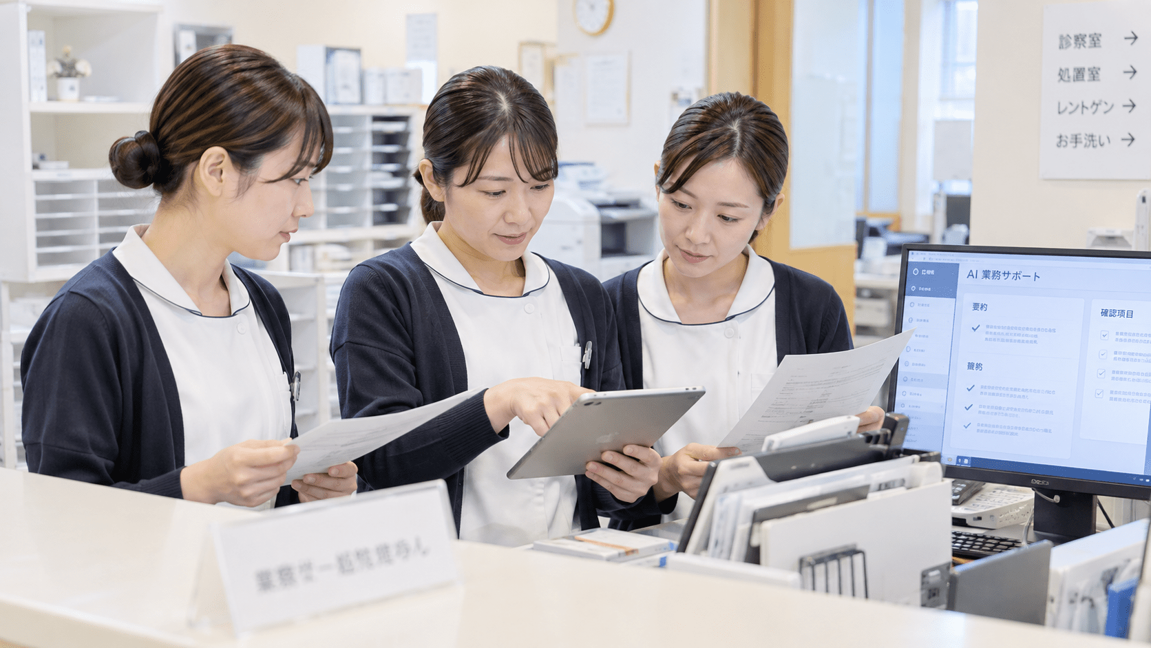 生成AIで整理した事務文書をスタッフ同士で確認するクリニックの受付担当者