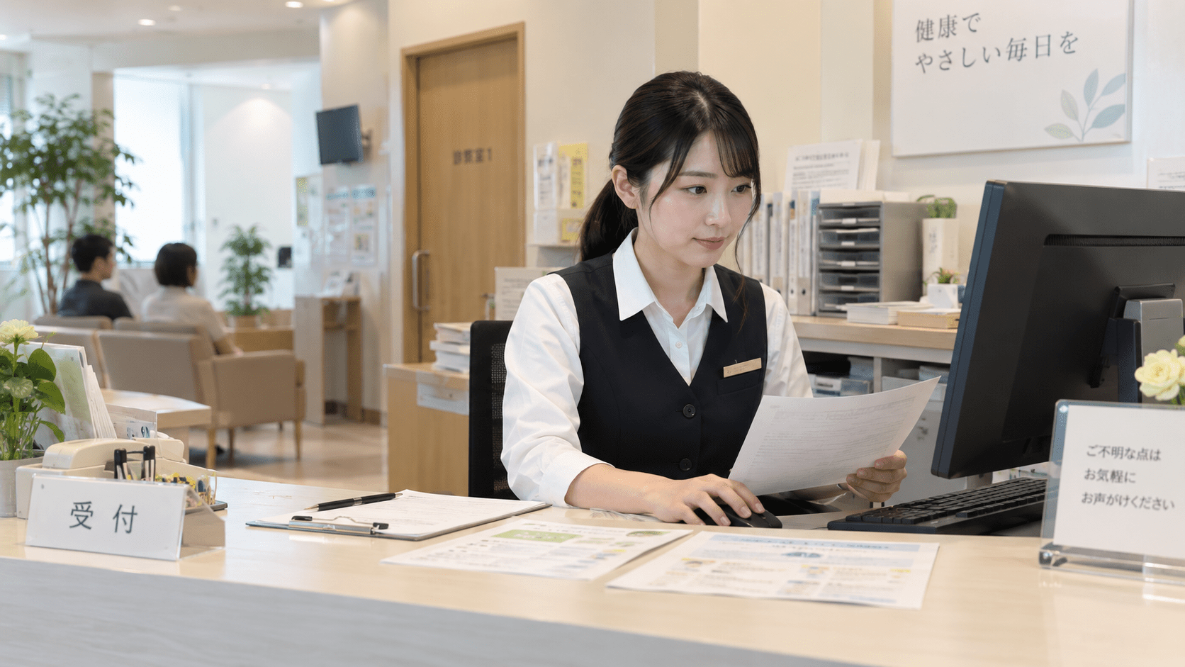 クリニック受付スタッフが案内文や問い合わせ内容をパソコンで整理している様子