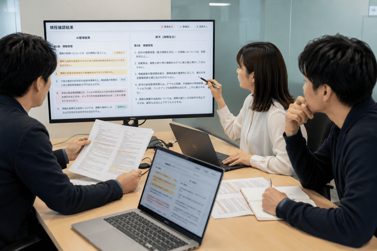 AIで整理した規程確認結果をチームで原文と照合する担当者