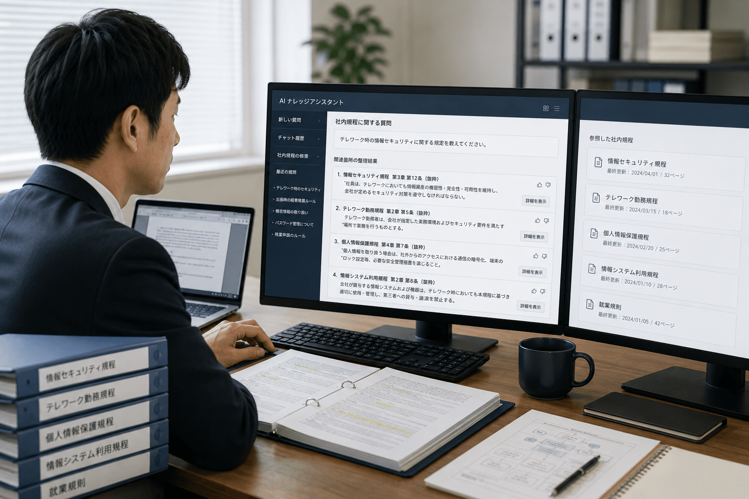 複数の社内規程を確認しながらAIで関連箇所を整理する担当者
