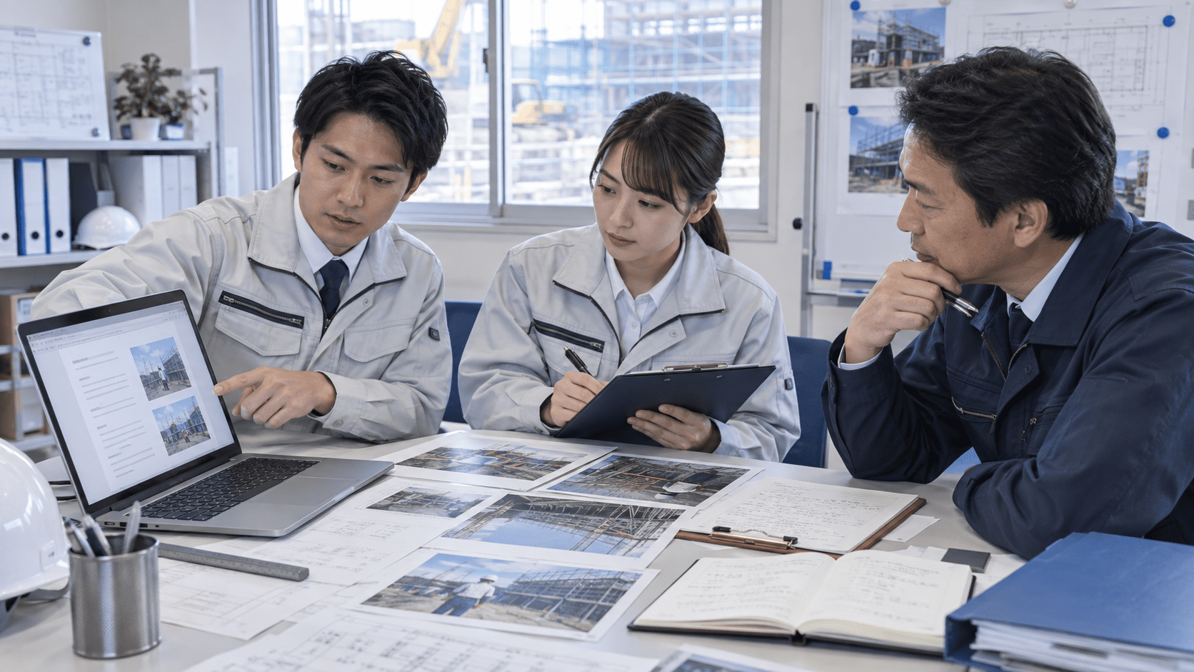 AIで作成した工事日報の下書きと現場資料を照合する建設会社の担当者