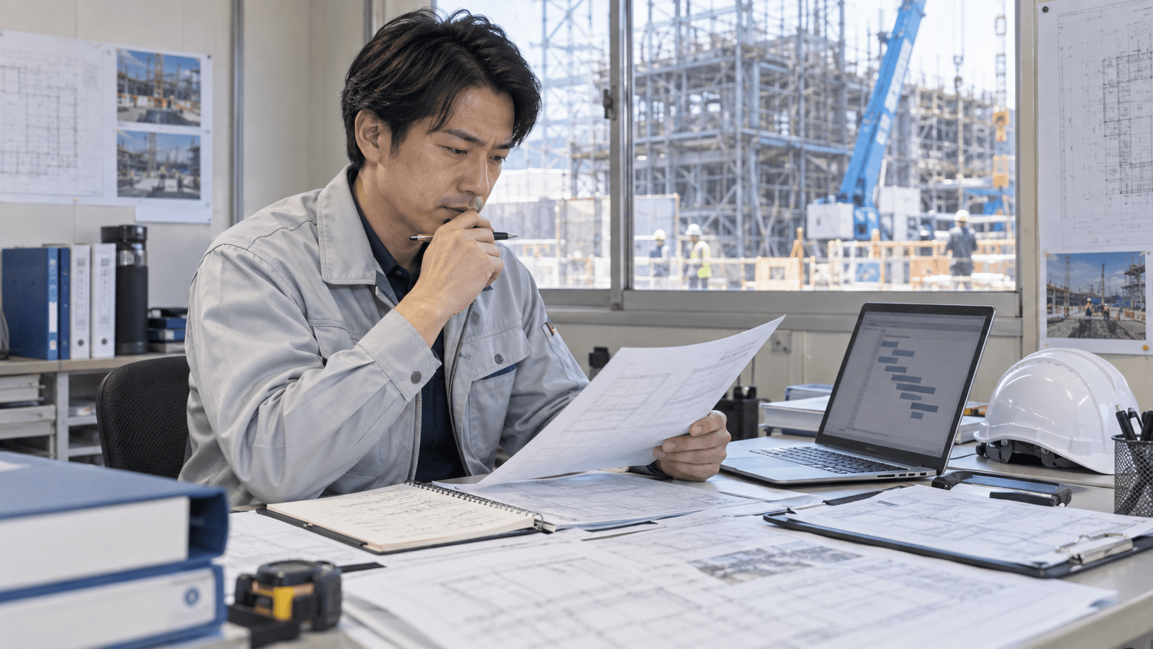 工程表と現場メモを確認しながら施主への工程変更案内を整理する施工管理担当者