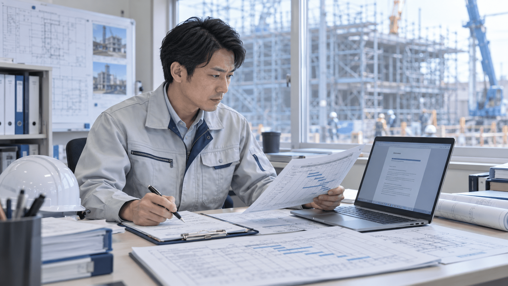 AIで作成した工程変更案内文と工程資料を照合して確認する施工担当者