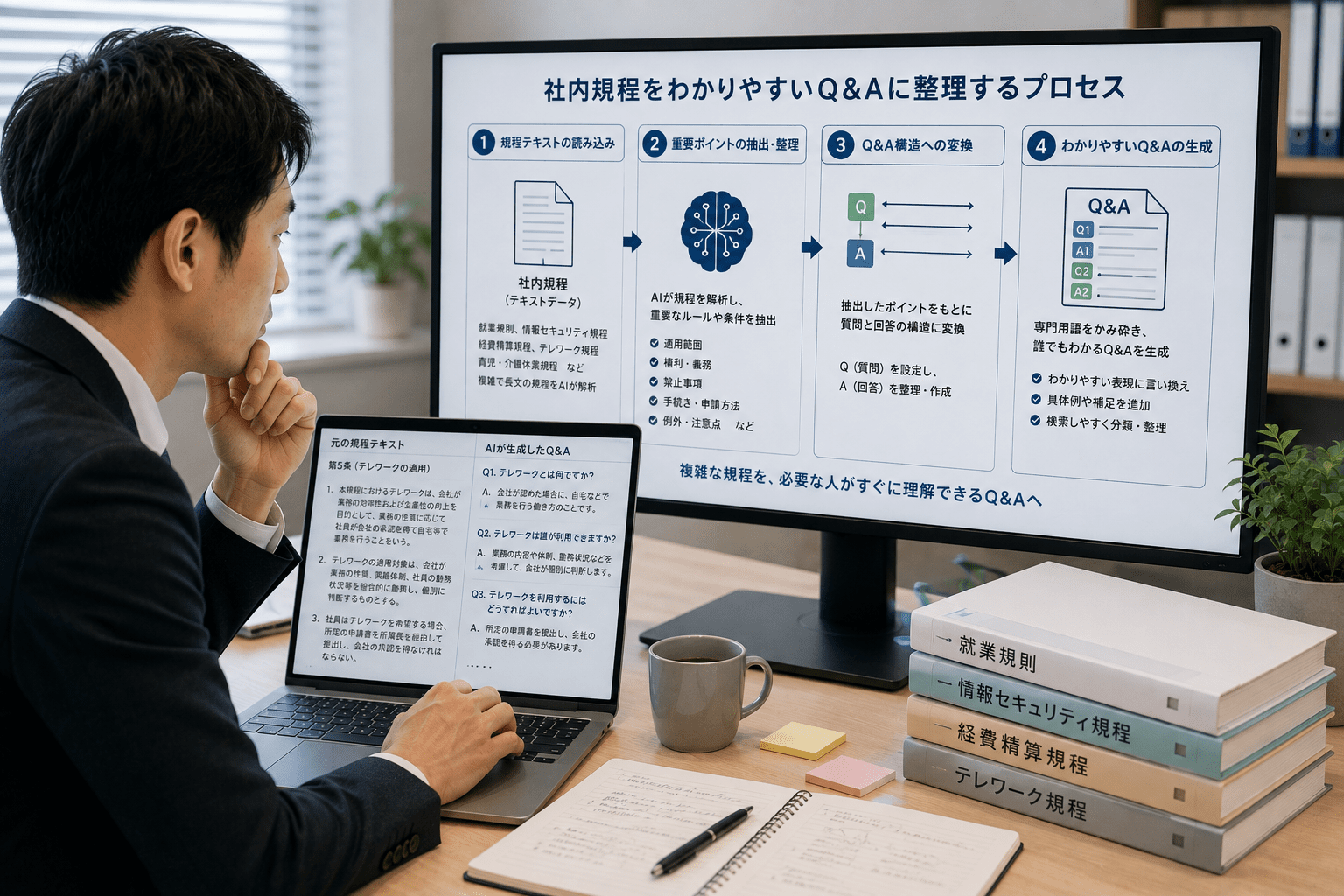 複雑な社内規程のテキストデータを生成AIによって分かりやすいQ&Aの構造に整理していく様子