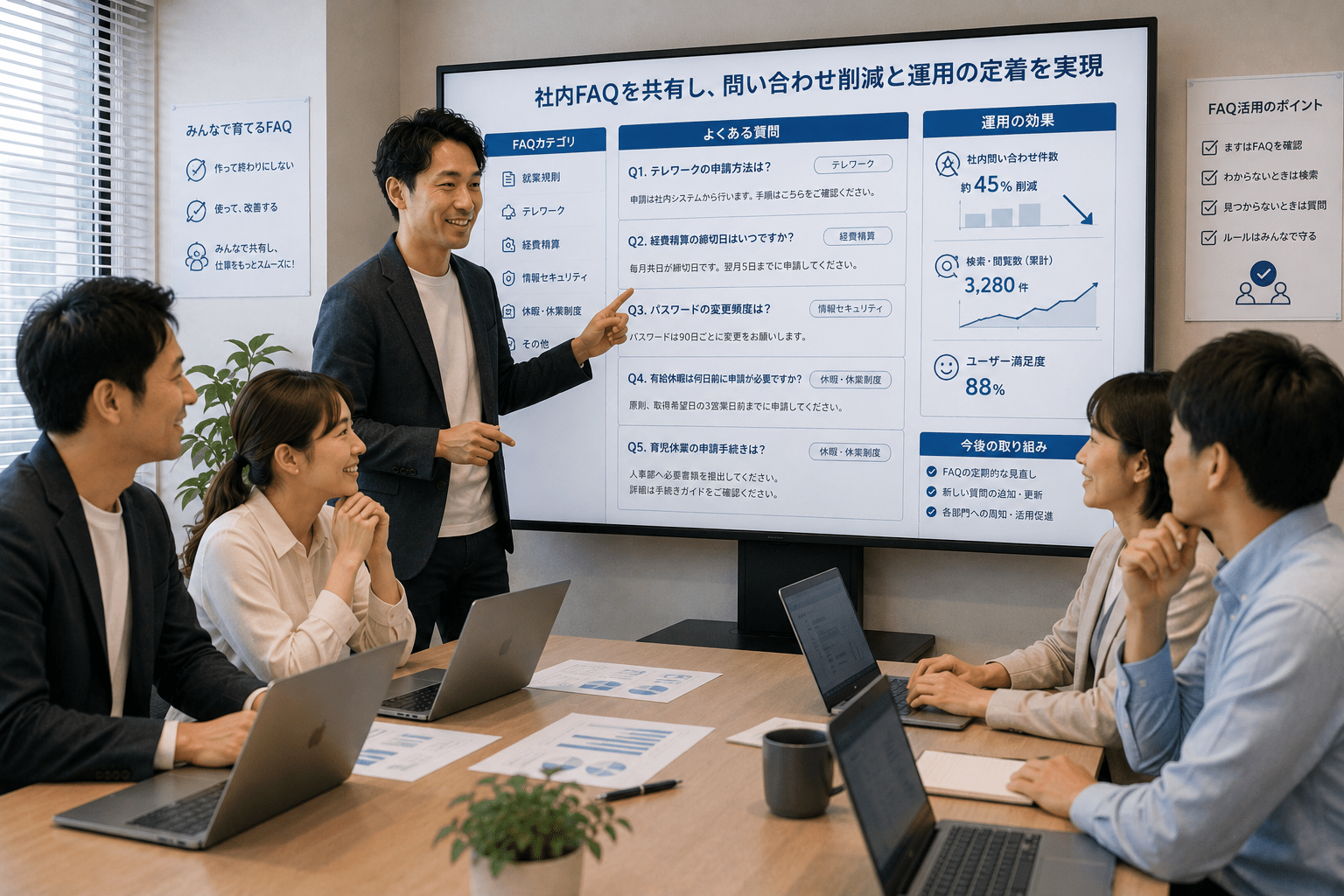 作成したFAQを社内メンバーで共有し、社内問い合わせの削減や運用の定着を進める様子